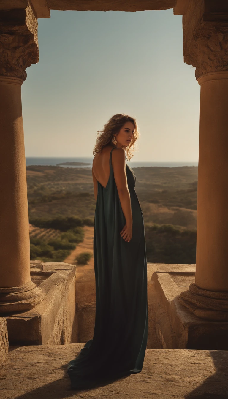 profissional, (4K Photo:1.1) por (Jeremy Lipking:0.3), (Dittmann Anna:0.3), (Marcos Ariano:0.3), High detail, (usando crop1.2) top, Rosto bonito e detalhado, hazelnut eyes, longos cabelos ruivos, (mulher jovem atraente:1.3), (sedutor:1.1), (Corar:1.1), Forma do corpo da ampulheta, seios grandes e redondos, quadris largos, na cidade de fundo, Ancient times, antiga, Estilo romano antigo, grego antigo, vestido com terno antigo, ancient ruins behind her