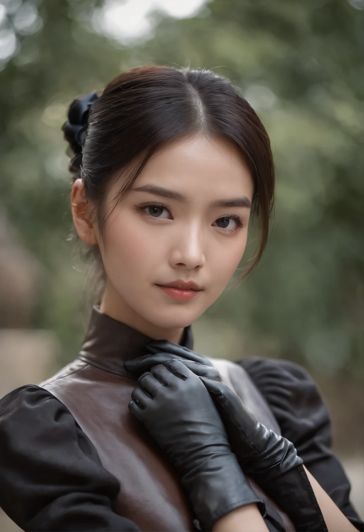 Black leather gloves black suits Black hair ponytail japanaese girl Ribbon Tie Blouse top half