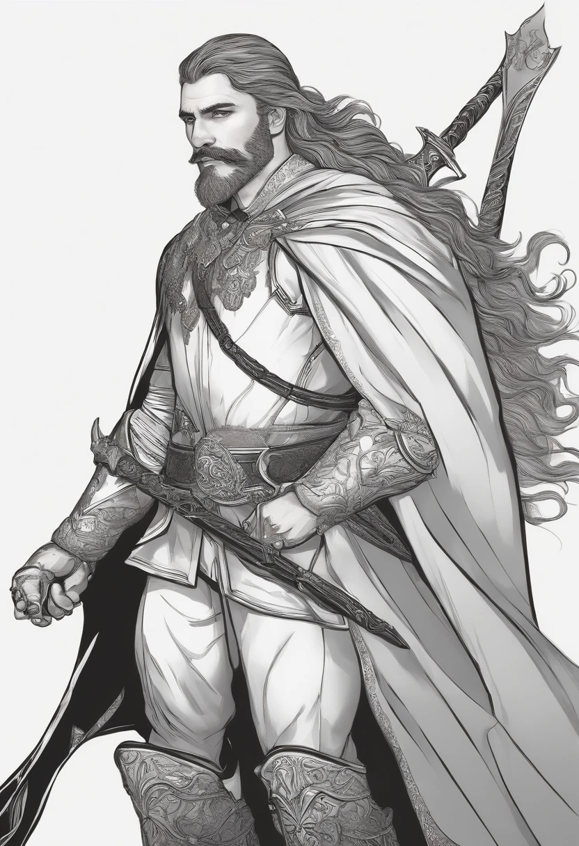 fazer um desenho de RPG de um homem Paladino sombrio em seus vinte anos,1,90m de altura,cabelos negros um pouco longos,barba e bigode rasos,olhos escarlates