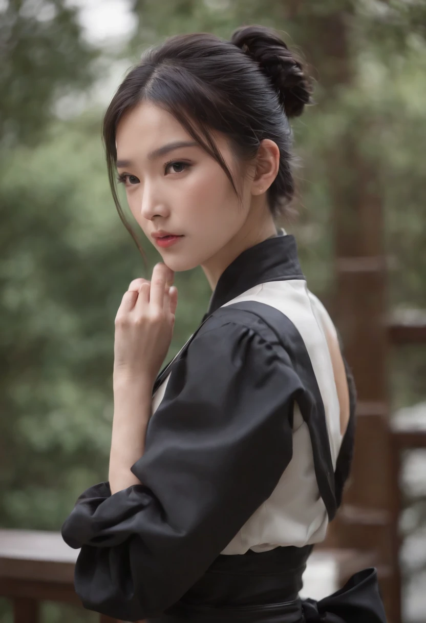 Black leather gloves　black suits　Black hair ponytail　japanaese girl　Ribbon Tie Blouse　top half