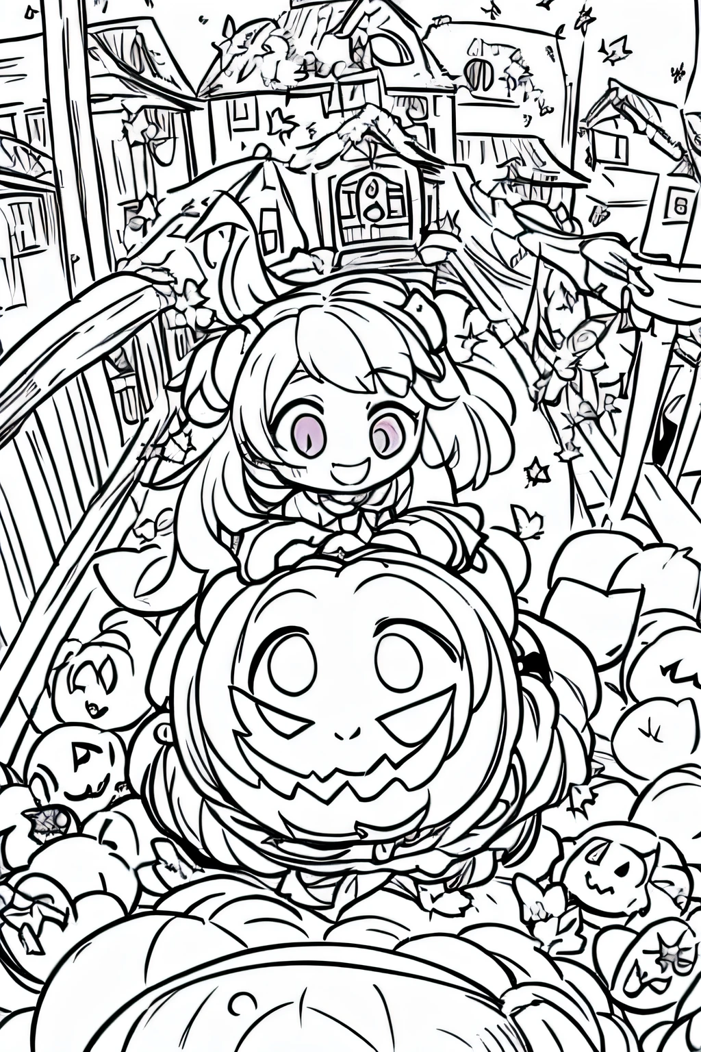 high-level image quality、4K、Precision painting,Cute little devil girl enjoying Halloween festivities",Excited laughter, huge smile, Playful costumes, Colorful face paint, Sparkling eyes,Decorated pumpkin,patches, Spooky haunted house, Bright autumn leaves, Flickering Jack-o'-Lantern , Energetic and festive atmosphere, Anticipation and thrills, Wonder and imagination, linear art,Creative Angle Shots