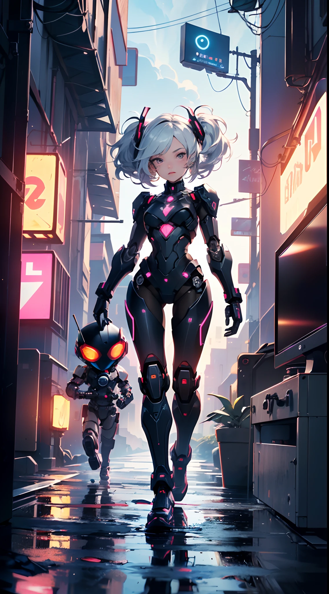 gundam\(rx78\), masterpiece, best quality, (extremely detailed CG unity 8k wallpaper, masterpiece, best quality, ultra-detailed, best shadow), concept art, illustration, science fiction, machinery, cyberpunk, city, night, neon lights,
1girl, solo,
twin ponytail, beautiful face, beautiful eyes,mecha armor, motion lines, short skirt, tight shirt,cyborg, detailed ribbed impossible bodysuit, shoulder armor, mechanical arms, cybernetic limbs,glowing, enchanting, ((cute perfect face, bright glowing red eyes)), (perfect anatomy, petite perky breasts), valkyrie, powerful, future, figurative, representational, beauty, fantasy worlds, composition, scale, foreground, middle ground, background, perspective, light, color, texture, detail, dynamic angle,