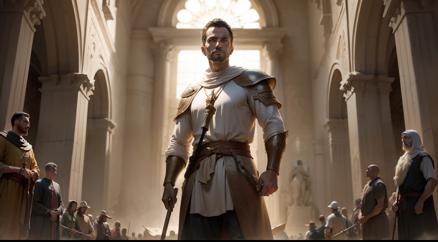 Man of biblical times standing with a staff in his hand and many people