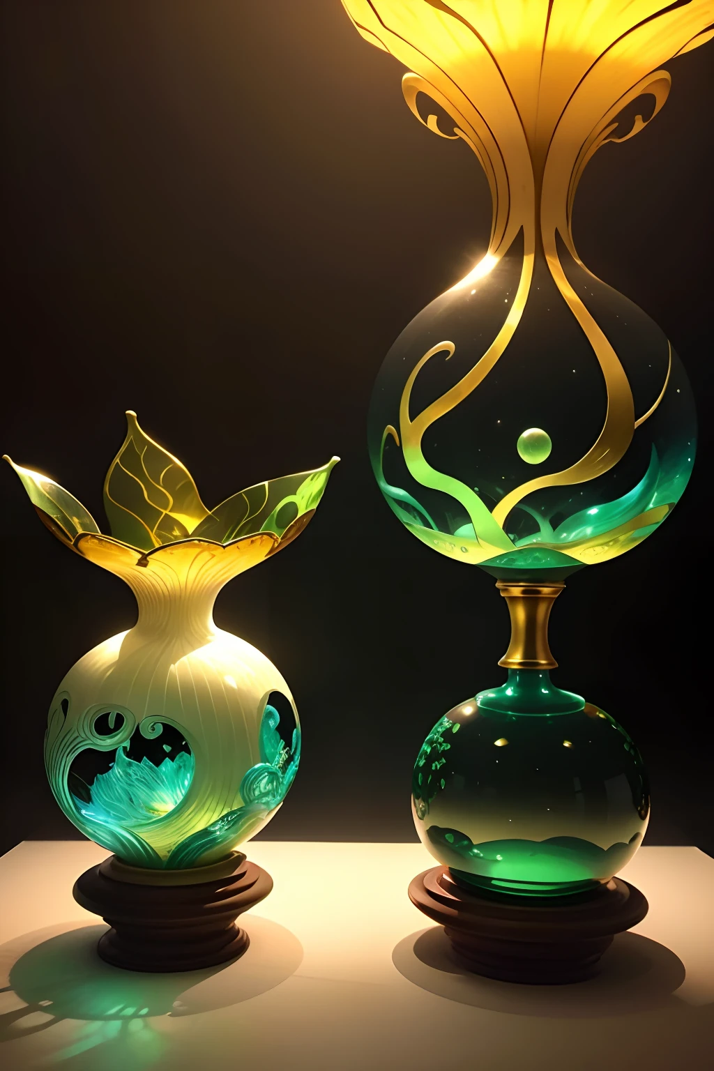 There are two vases, glass、Gold and jade, Blow glass, beautiful glass work, glasssculpture, Chihuly, glass orbs, healing pods,