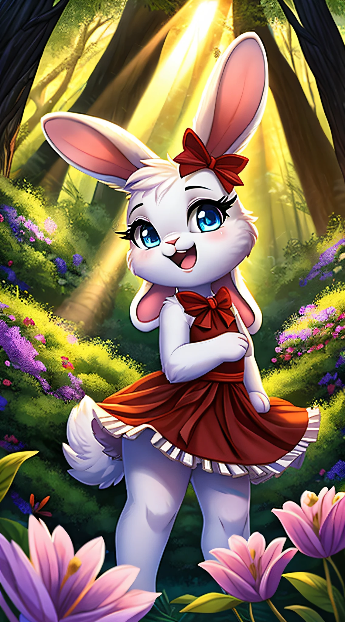 zoomed out image, fantasy style art, cute, adorable, short character, small, tiny little fluffy female white bunny with blue eyes, 4 ears, 2 extra ears, big floppy ears, long ears, ears perked up, raised ears, long eyelashes, poofy rabbit tail, wearing a red frilly ribbon dress, smiling, singing in a forest, expressive pose, loud vocals, open mouth, shut eyes, stunning visuals, sunlight coming through the trees, flowers scattered in the bushes, digital illustration