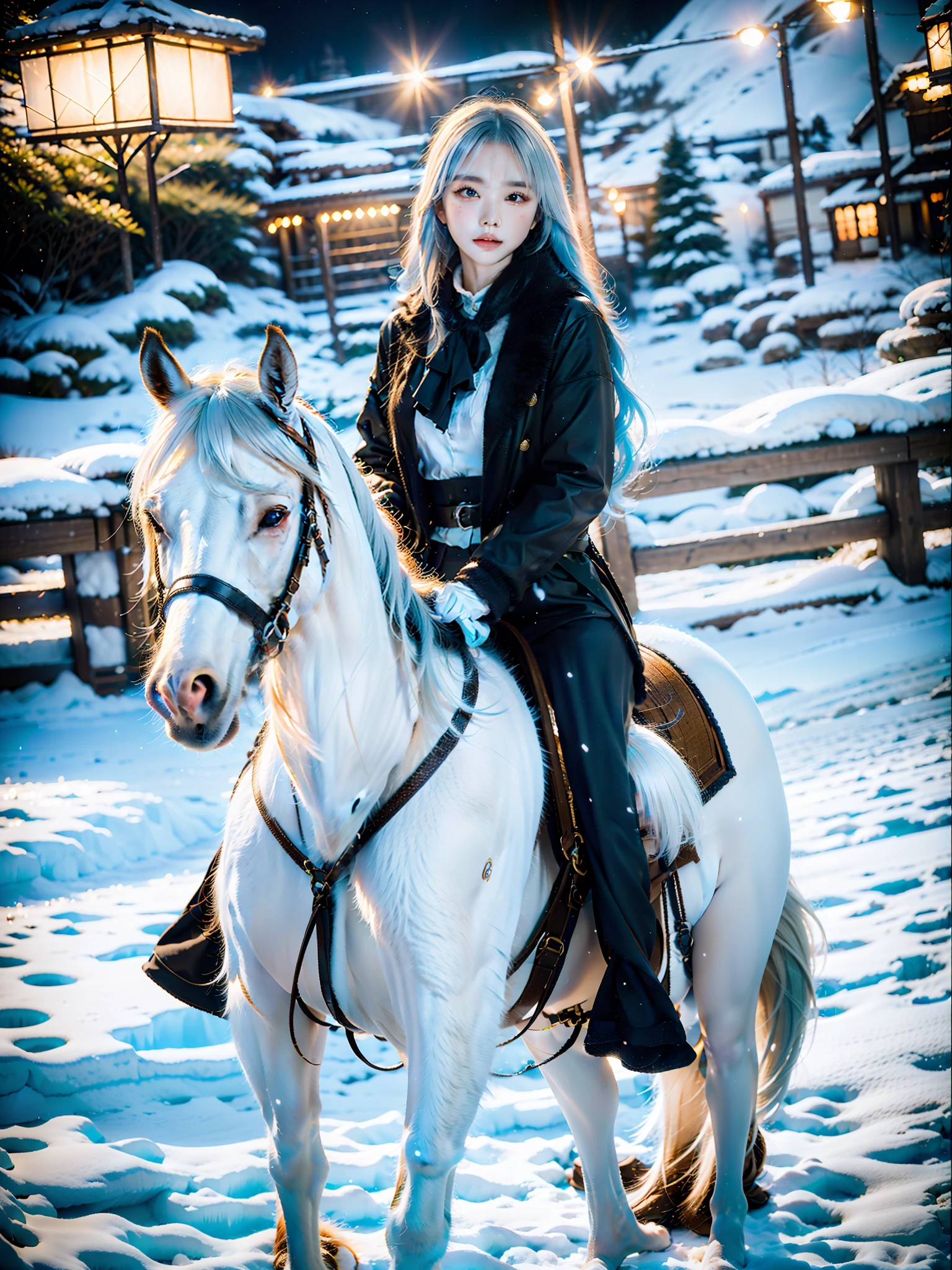 beautiful, young woman, in the crystal and ice area, fluttering snow, horse riding, a white hourse, gradient hair, white hair, blue hair, long hair, eye reflection, disdain, ray tracing, reflection light, blurry, glowing light, depth of field, chiaroscuro, stereogram, zoom layer, cowboy shot, f/2.8, bokeh, masterpiece, best quality, high quality, HD