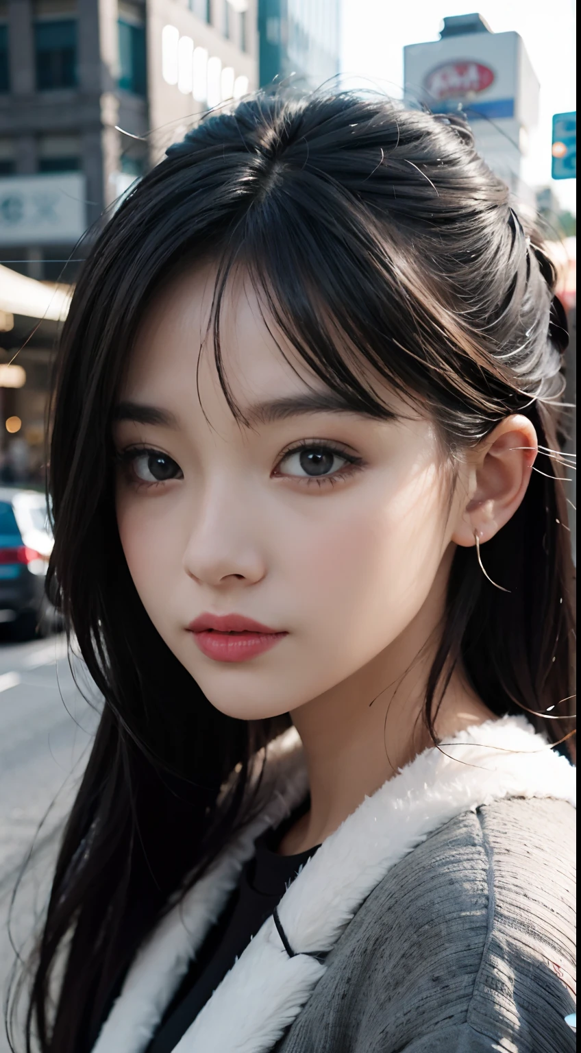 (top-quality:0.8)、perfect anime illustration、Extreme close-up portrait of beautiful woman walking in city