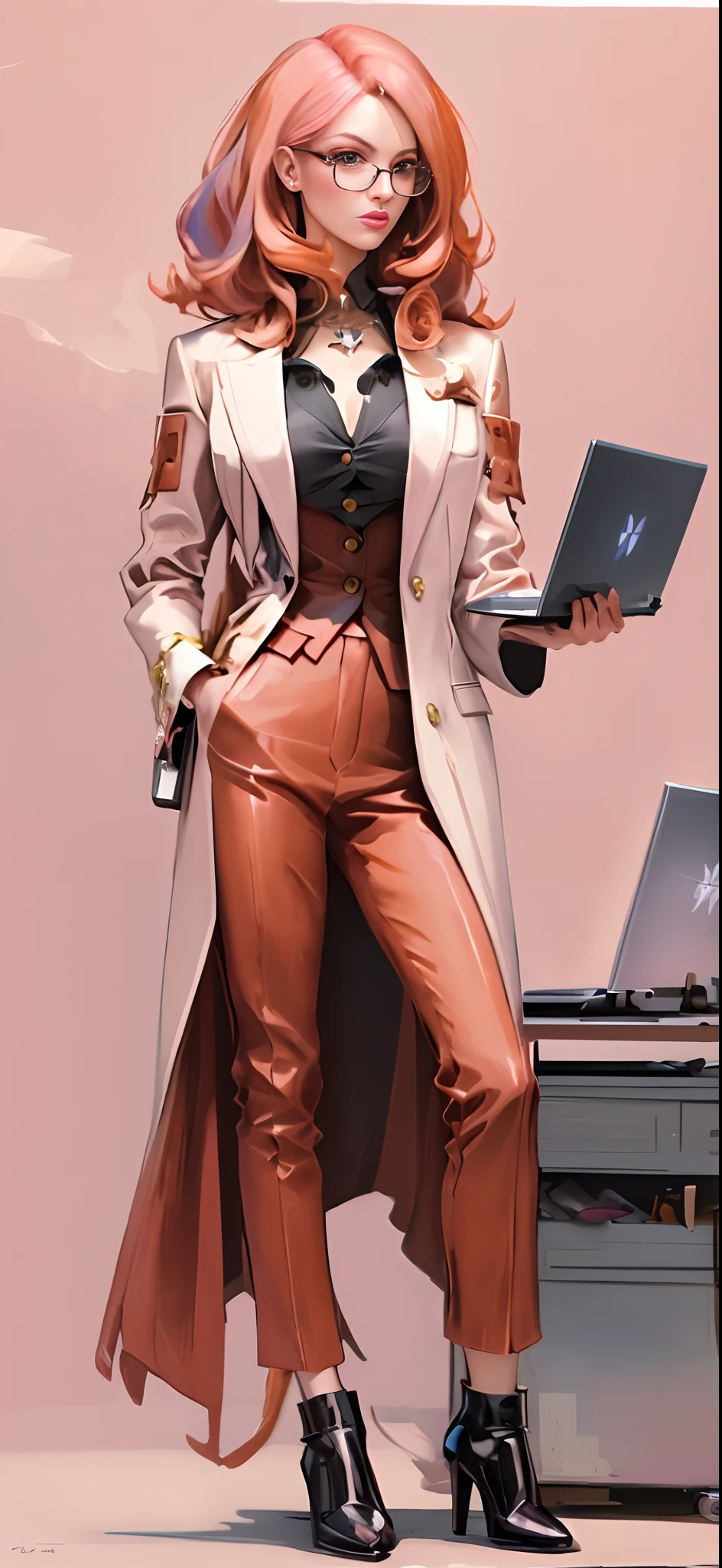 (full body shot), full body, pink haired witch holding computer, full body shot, full body. Very beautiful woman in fashionable suit with computer in hand, masterpiece of a woman's head resembling Janelle Monay, canvas print, perfect line work, collage base, fashion illustration, chocolate and white, little orange accents, chocolate tones. color palette, close-up portrait, filter lighting, dynamic pose, ToonYou, ,fashionable, vogue style, glasses, high resolution, brown hair, very beautiful woman, asymmetry, organic paint, matte paint, full body Shot Game Animated Characters, Future Bag, Folkonite, Fashionable, High Resolution, 8K,