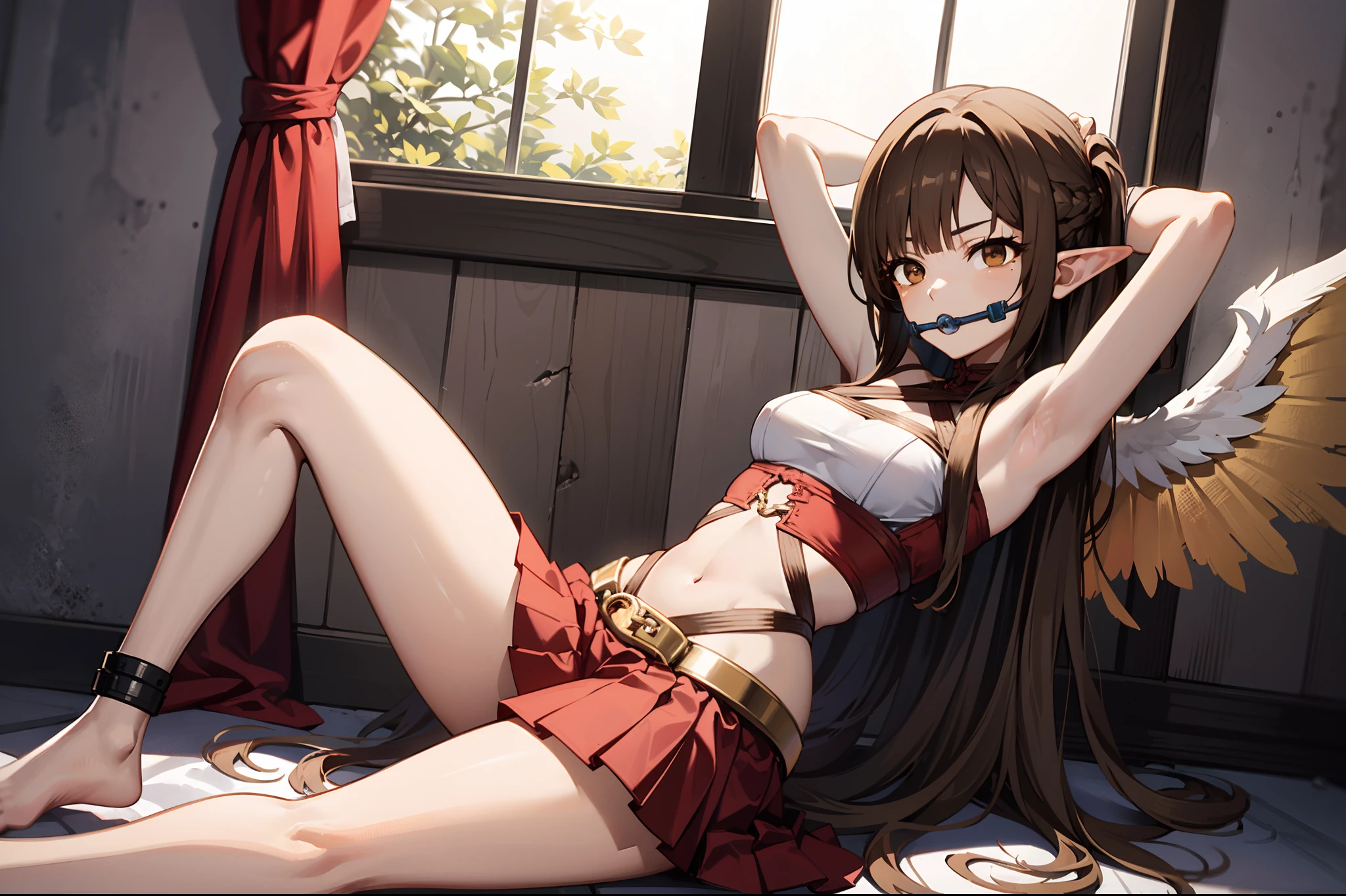 1girll,Arms behind your head, long_hair, looking_at_viewer, upper legs, the bow, shackle, BDSM, shackle, ropes, shackle, gaggage, Shibari, bound_arms, ball_gag, shibari_over_clothes,独奏,White clothes,and the sun was shining brightly,Sunlight on the face,inside in room,White and red cuirass,White and red skirts,light-brown long hair, asuna yuuki, Long hair, Light brown hair, (Brown eyes:2), Break the navel, Bare shoulders, 4 Angels with wings,Pointy ears, midriff, elf,Glowing wings,Snow-white skin,Bare legged,Barefoot,White skin,Break (Masterpiece:1.2), Best quality, high resolution, Unity 8k wallpaper, (illustration:0.8), (Beautiful detailed eyes:1.6), Extremely detailed face, Perfect lighting, Extremely detailed CG, (Perfect hands, Perfect anatomy)