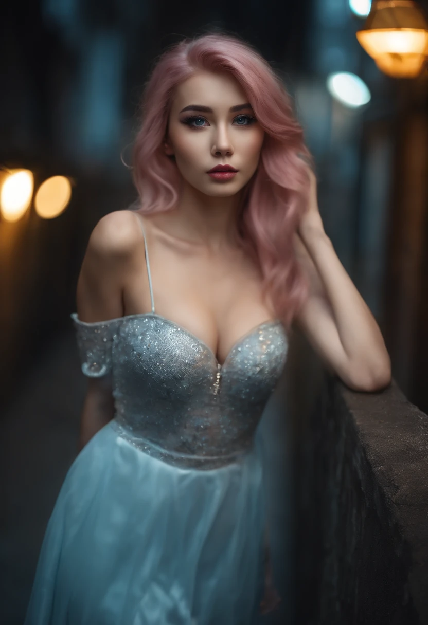 Original UHD portrait photo of an 18-year-old pink-haired bunny (blue-eyed woman) walking down a dark alleyway, Large breasts,, City at night, (Skirt), (décolleté), Details (Textured! , Hair! , glitters, Color!! , disadvantages: 1.1), Glossy eyes with high detail (Looking at the camera), Seductive eyes of beautiful girl in sexy cheongsam,Show off your beautiful legs in stockings on the bed,((Masterpiece)),Realistic,4K,Extremely detailed,((Beautiful big eyes)), full bodyesbian, Large breasts