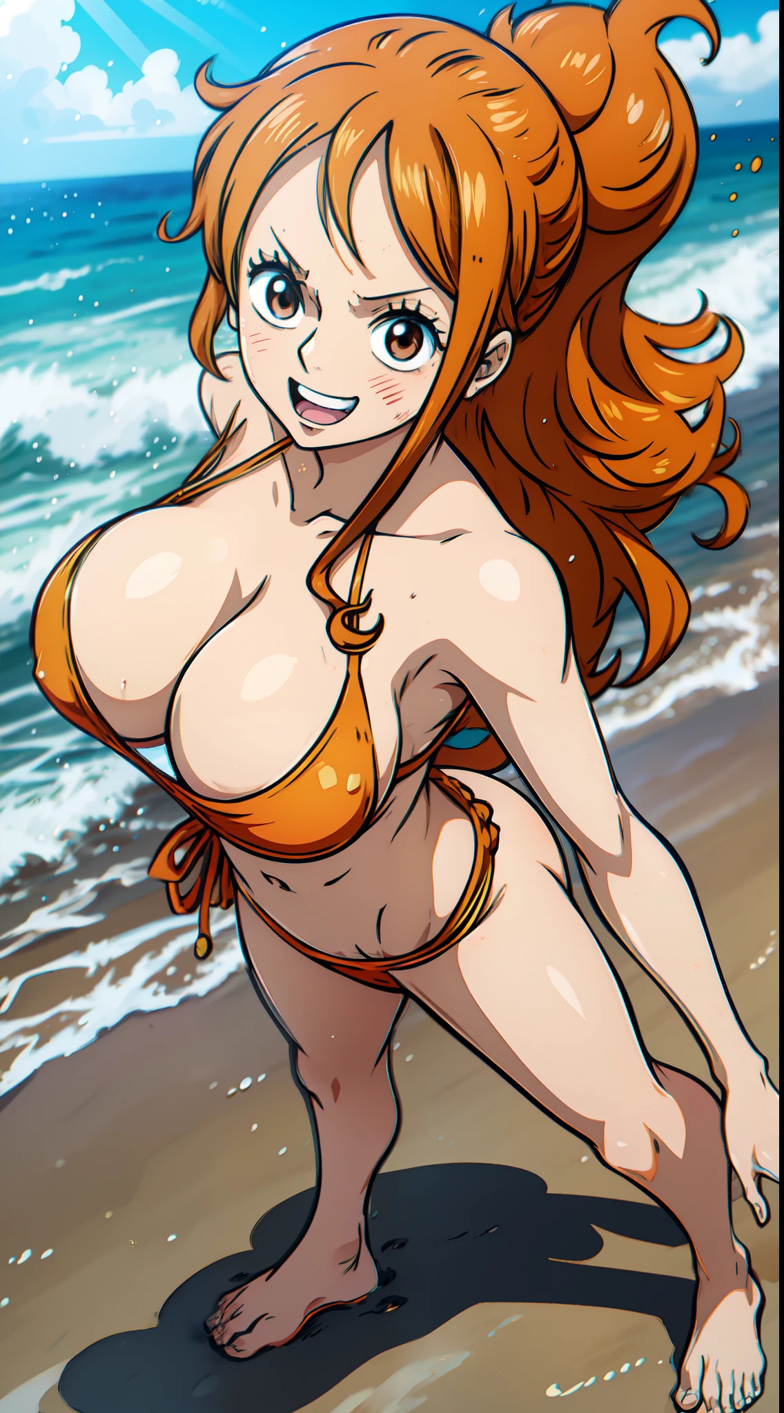 (ANIME ART STYLE),nami from one piece, brown eyes, orange long hair, standing on the beach, sparking seawater,blushing, joyful expression, dynamic pose,micro slingshot black bikini,nsfw,full body view,big breast.