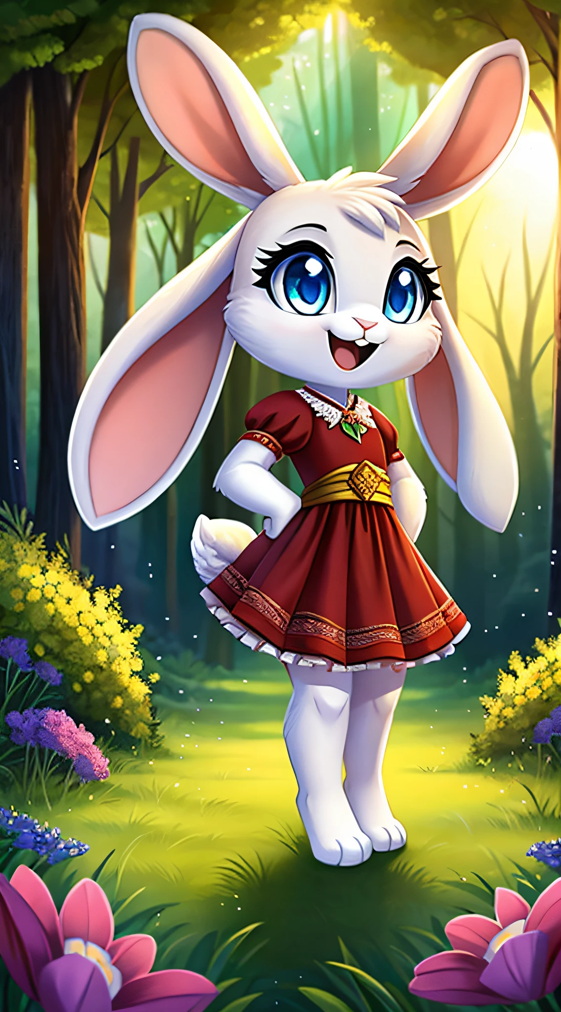 zoomed out image, fantasy style art, cute, adorable, short character, small, tiny little fluffy female white bunny with blue eyes, 4 ears, 2 extra ears, big floppy ears, long ears, ears perked up, raised ears, long eyelashes, poofy rabbit tail, wearing a red frilly ribbon dress, smiling, standing in a forest, big expressive smile, open mouth, wide eyes, excited eyes, excited face, stunning visuals, flowers scattered in the bushes, digital illustration