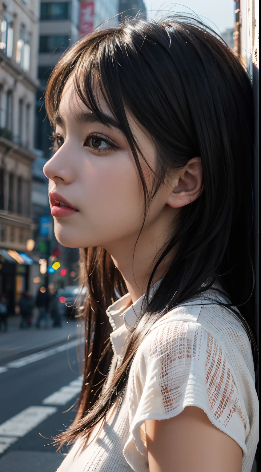 (top-quality:0.8)、perfect anime illustration、Extreme close-up portrait of beautiful woman walking in city