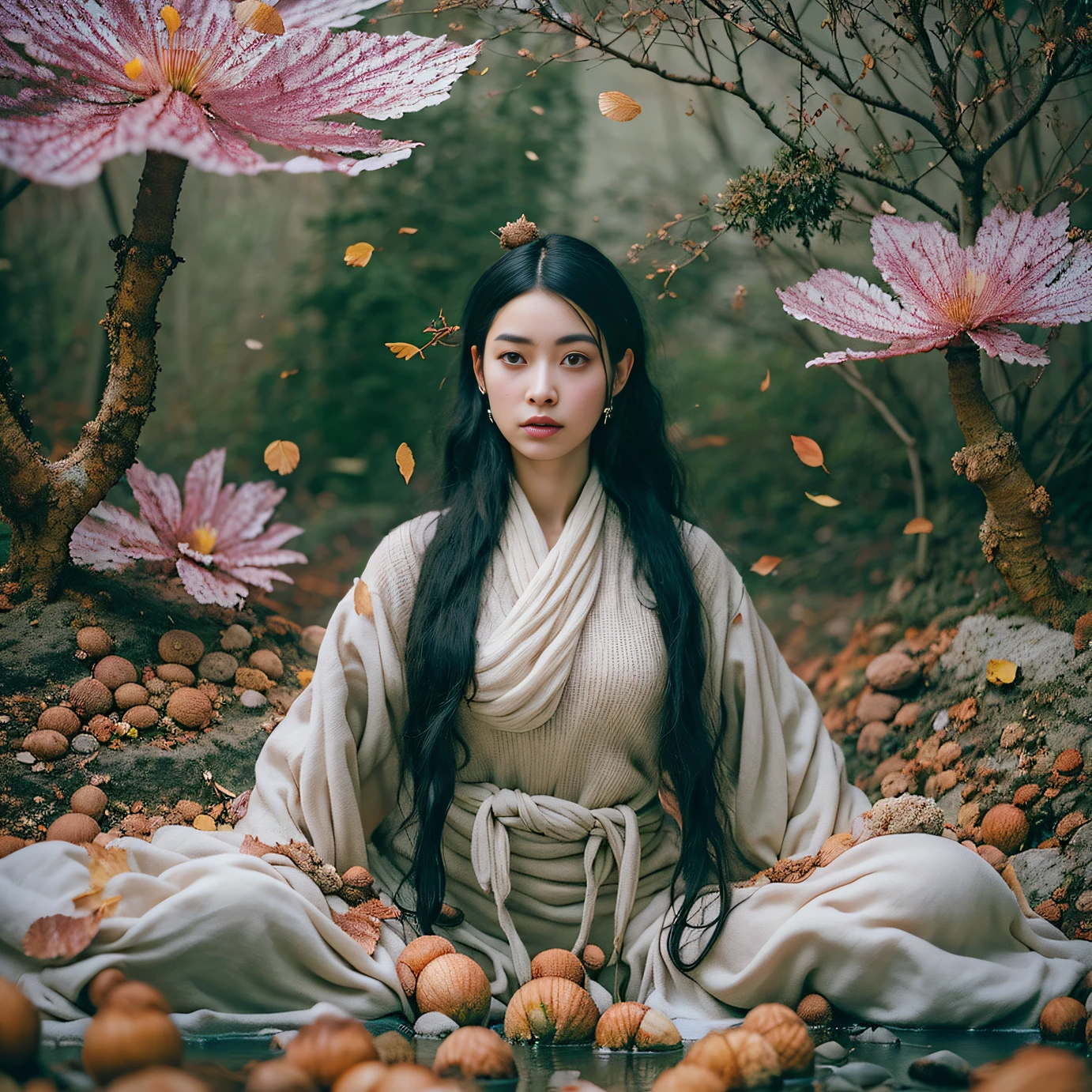 The six elders of the Ghost Sect discussed the identity and handling of chestnuts in the conference room,And decided to let her start training from the outer courtyard, 32K(tmasterpiece,k hd,hyper HD,32K)Long flowing black hair,Late autumn pond,zydink, a color, Tailfire (Concubine girl), (Purple silk scarf), Combat posture, looking at the ground, long whitr hair, Floating hair, Python pattern headgear, Chinese long-sleeved clothing, (Abstract gouache splash:1.2), Pink petal background,Pink and white lotus flowers fly(realisticlying:1.4),Black color hair,Fallen leaves flutter,The background is pure, A high resolution, the detail, RAW photogr, Sharp Re, Nikon D850 Film Stock Photo by Jefferies Lee 4 Kodak Portra 400 Camera F1.6 shots, Rich colors, ultra-realistic vivid textures, Dramatic lighting, Unreal Engine Art Station Trend, cinestir 800,Long flowing black hair,Linen skirt