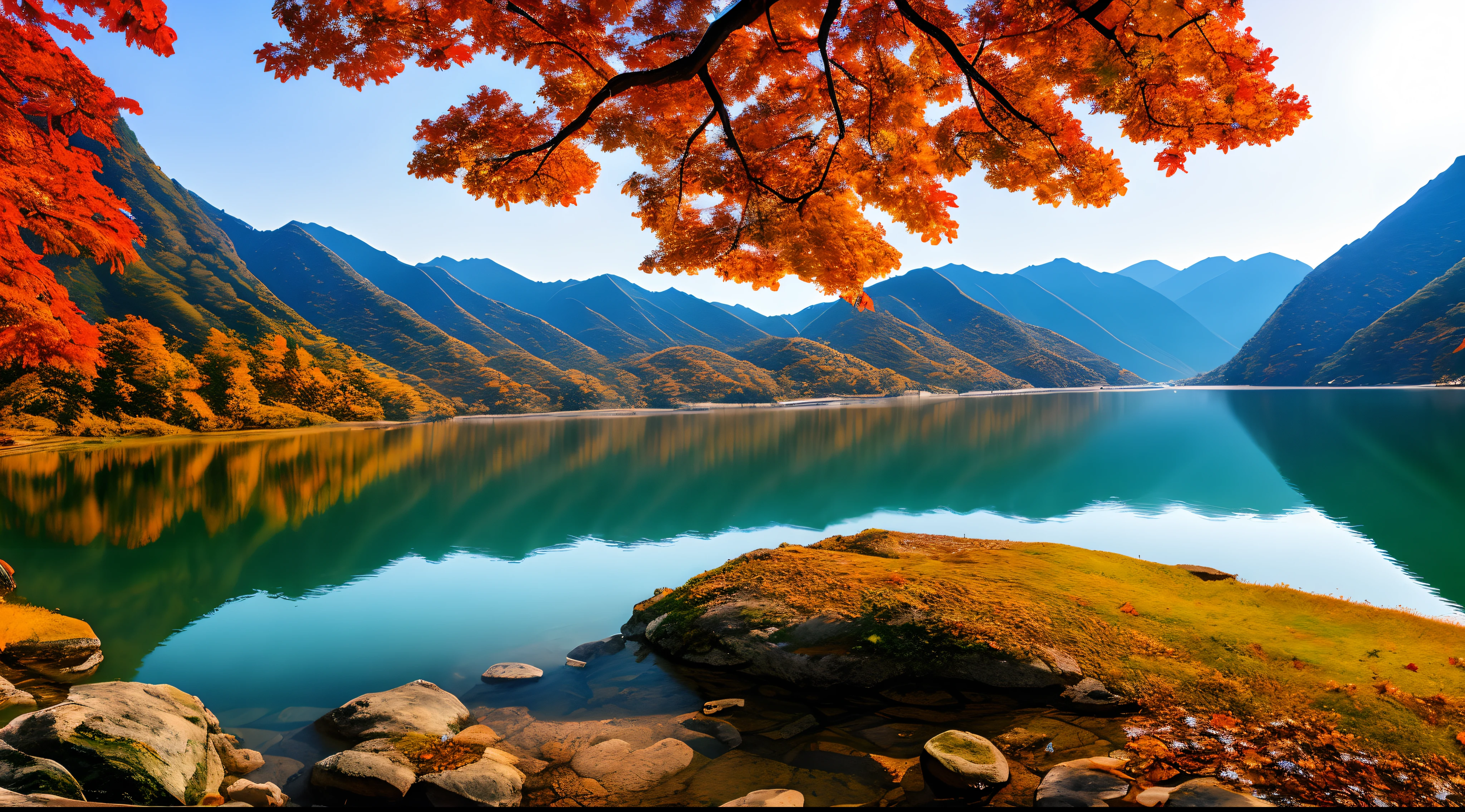 Beautiful mountains and lakes of Korea with autumn leaves, (masterpiece), (portrait), (raw photo), (highly detailed CG Unity 8k wallpaper) Intricate and clear focus, dramatic and realistic art