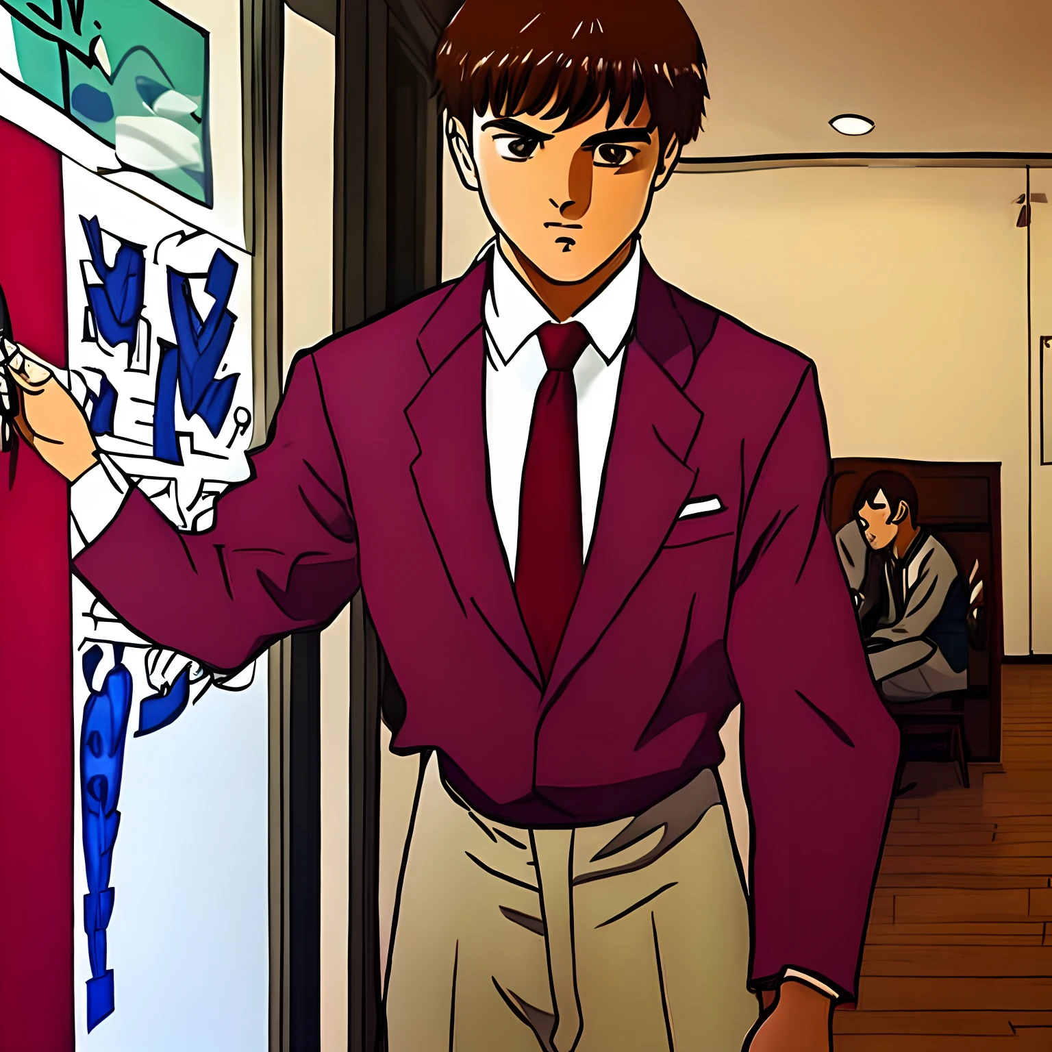 Por favor, Create an image of a 17-year-old wearing an elegant social outfit in burgundy color. He's wearing a brown tie to complement the look. His posture is confident and he is in a suitable environment, as an event room or office. Por favor, Pay attention to the details of the clothing, of the face and expression to make the drawing as realistic as possible