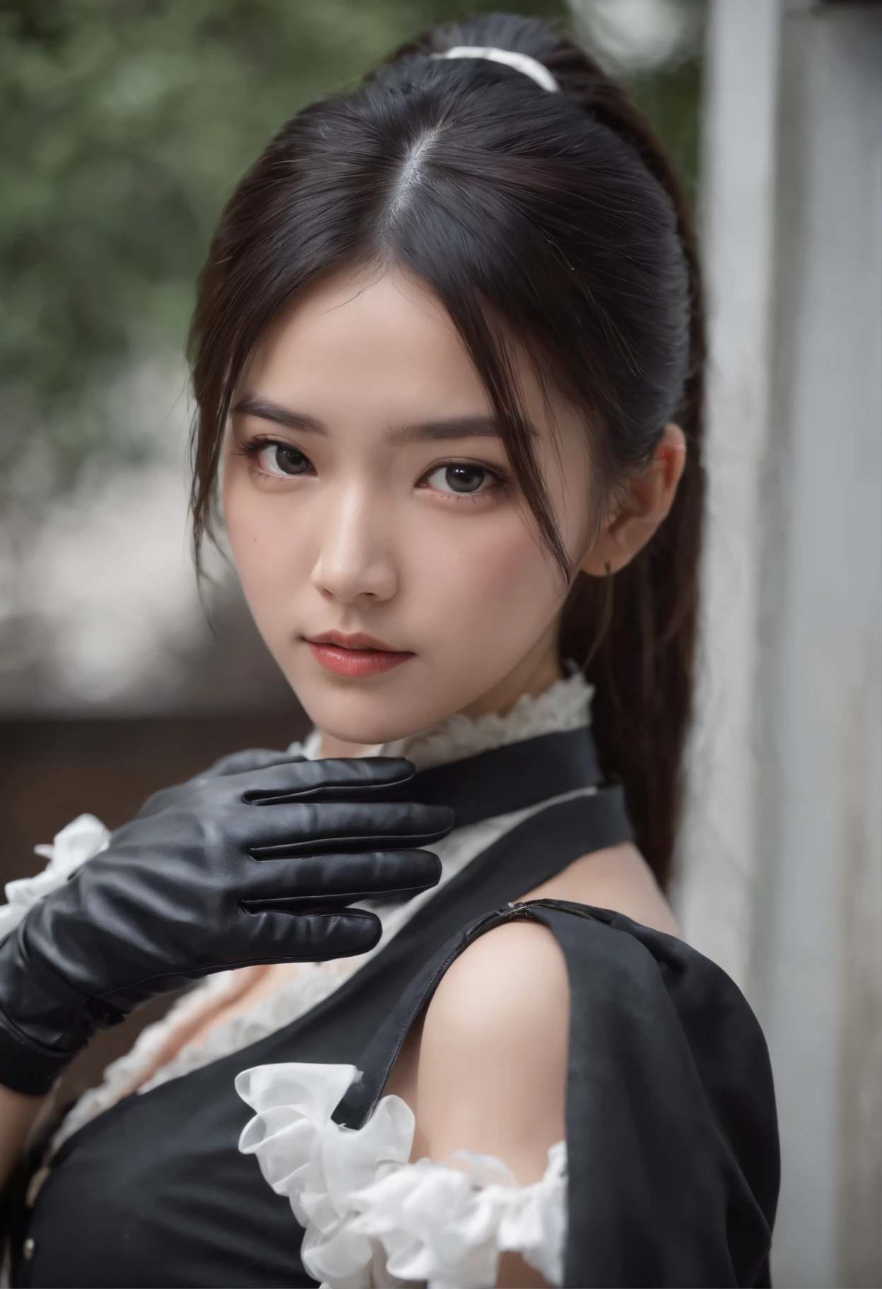 Black leather gloves　black suits　Black hair ponytail　japanaese girl　Ribbon Tie Blouse　top half