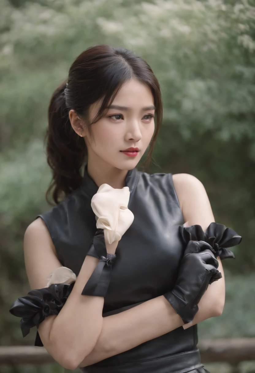 Black leather gloves black suits Black hair ponytail japanaese girl Ribbon Tie Blouse top half