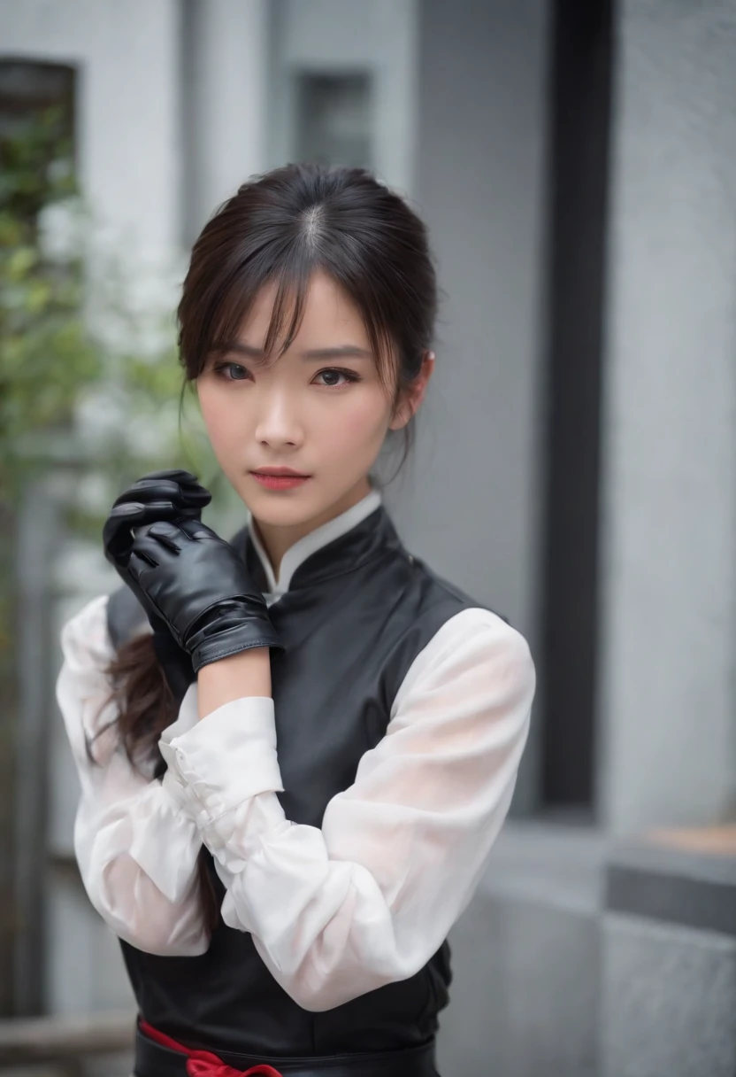 Black leather gloves black suits Black hair ponytail japanaese girl Ribbon Tie Blouse top half
