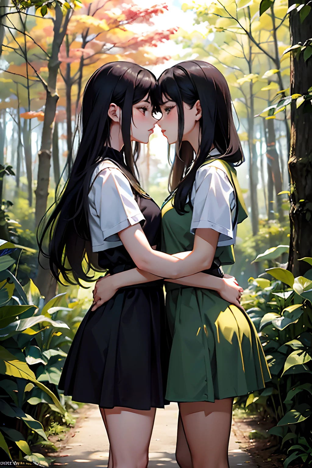 Two girls，Same stature，One black hair and one blonde，Hold each other，The two bodies are close together，Kiss，at a forest