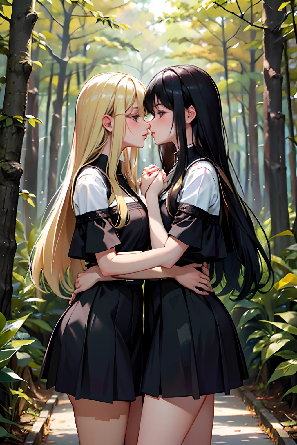 Create an image with two sexy 10 year old girls embracing and kissing, one with black hair and the other blonde on the sides of the cover looking at the forest.