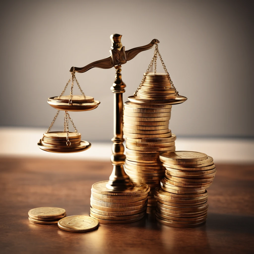 Create an image of an unbalanced scale, with several coins stacked on one side and the other side completely empty and tilted upwards. Use different sizes of coins to make the image more interesting. Add details to the coins, such as letters and numbers, to make the image more realistic. Add shadows to give depth to the image