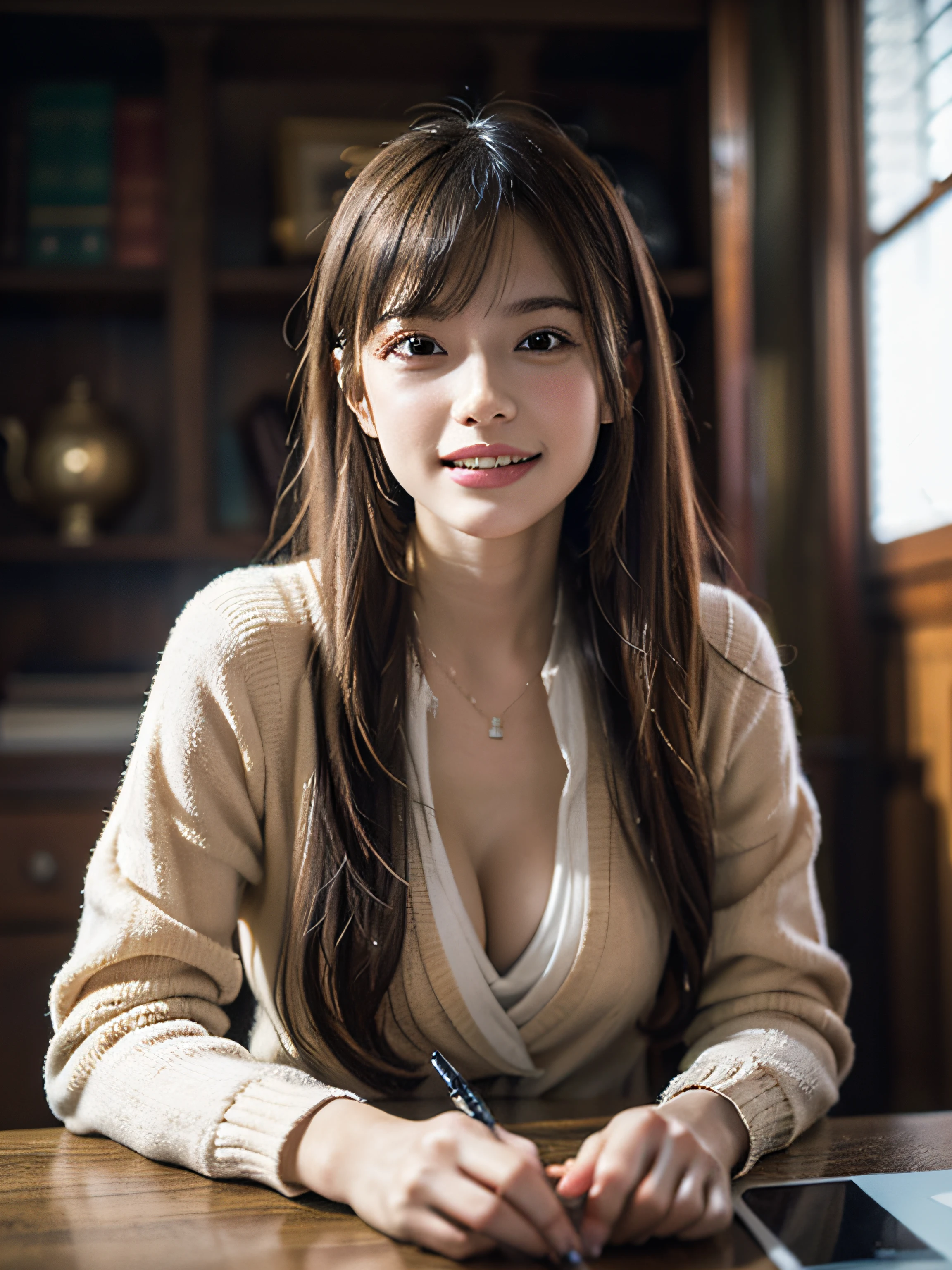 (masutepiece:1.4), (Best Quality:1.4), Fantasy, Extremely detailed, Convoluted, Hyper Detailed, Illustration,Soft lighting, 1girl in, Orange hair_flower, Dress, bend_Over , grin, (Perfect_Face), Sitting, desk work, ornate, Convoluted, Dramatic Lighting, 4K, Detailed_Background, Caustics, full_Body, digital_Illustration, from a_Side