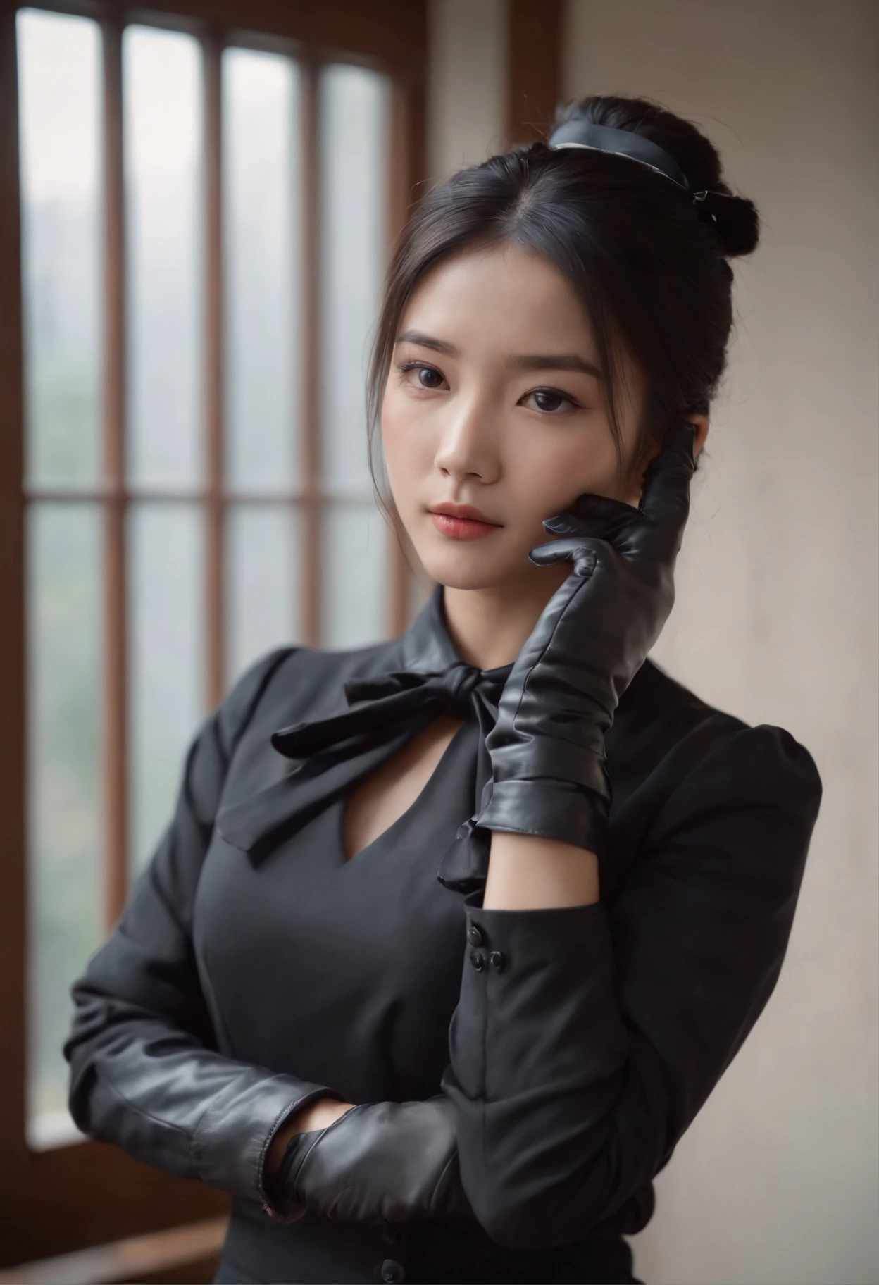 Black leather gloves black suits Black hair ponytail japanaese girl Ribbon Tie Blouse top half