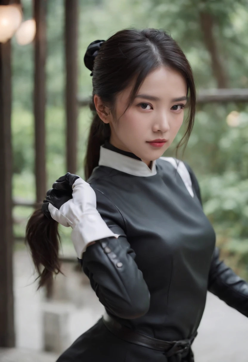Black leather gloves　black suits　Black hair ponytail　japanaese girl　Ribbon Tie Blouse　top half