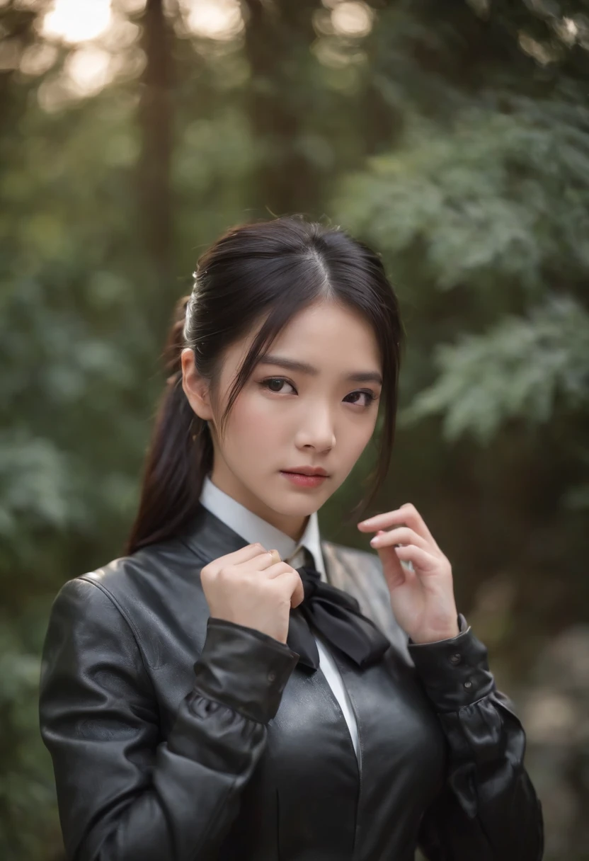 Black leather gloves black suits Black hair ponytail japanaese girl Ribbon Tie Blouse top half
