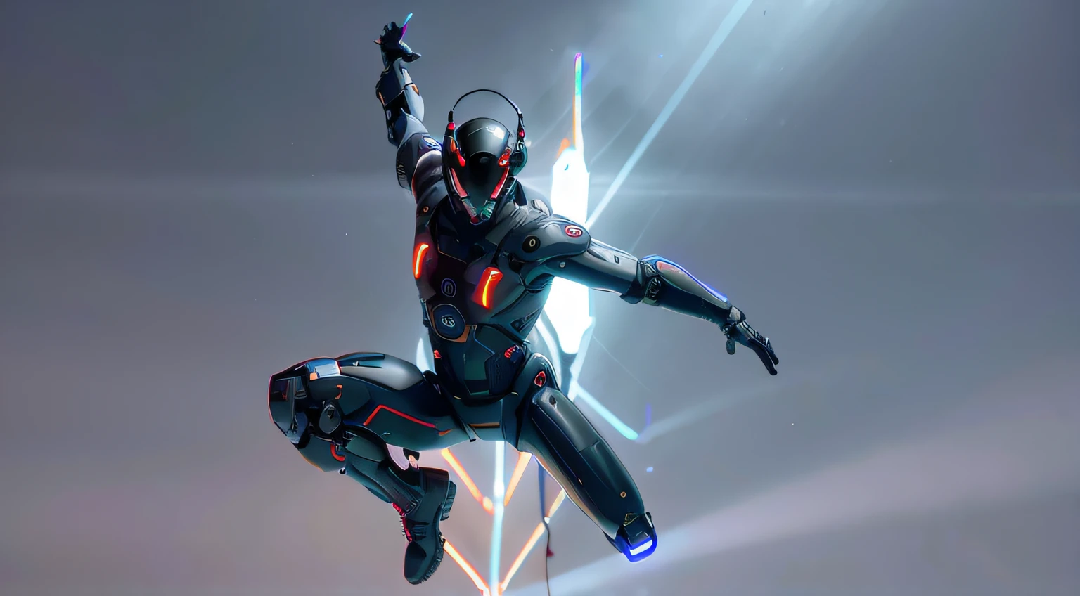 divine paradise. heavenly illumination. God. Holy robotic. Flying. Position of Jesus Christ. Floating in a cathedral. strong, robust and masculine body. fat arms. Position of divinity. Floating. flying. masterpiece, best quality, a close up of a futuristic looking cyborg man with a fantastic cyber helmet head with red and blue triangle led lights and a halo, full body, dancing. dance. synthwave ballad. silver pants. wearing a red and blue techwear jacket, white church in background. jump, full body, robotic legs.