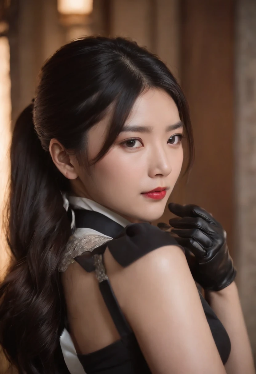 Black leather gloves black suits Black hair ponytail japanaese girl Ribbon Tie Blouse top half