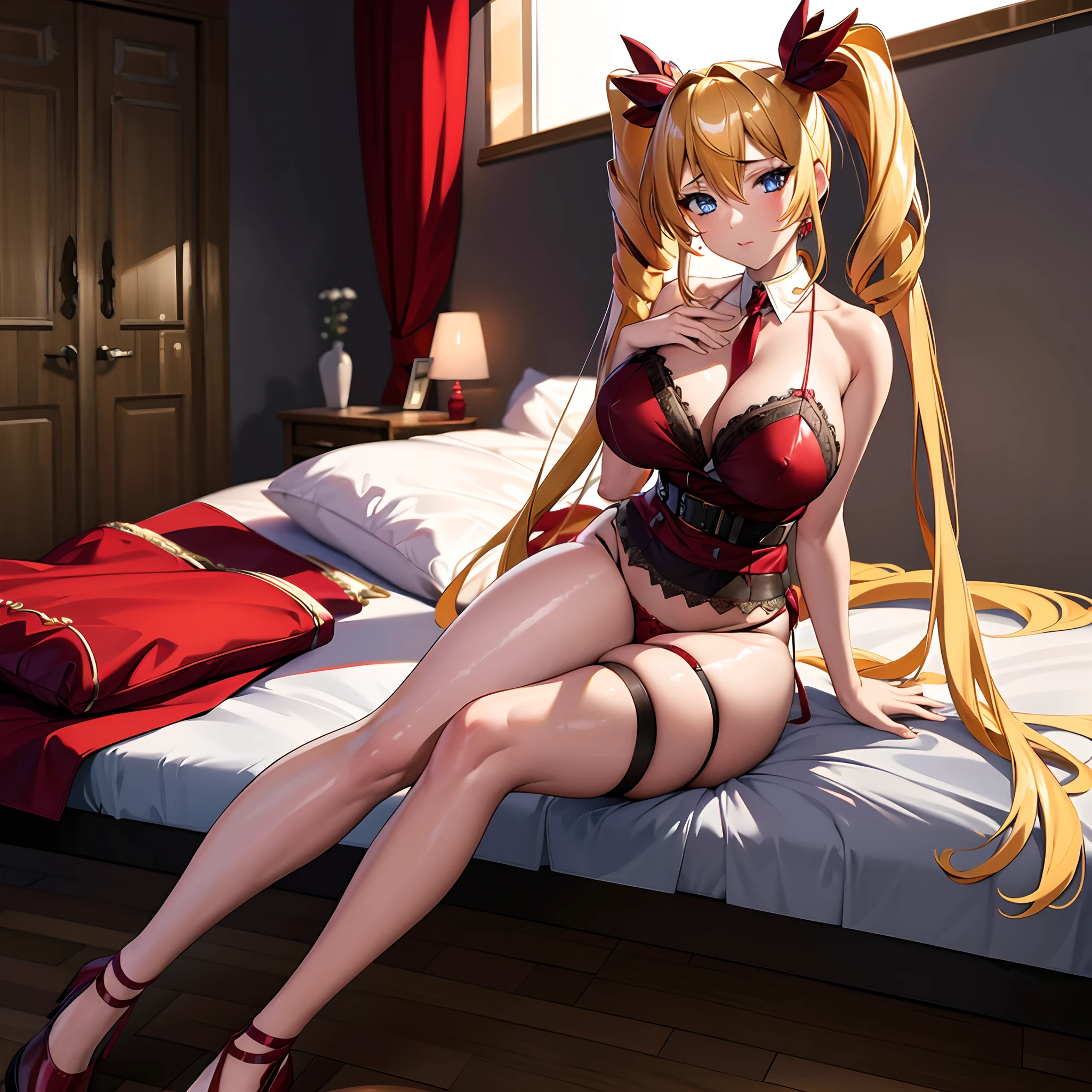 Masterpiece, best quality, highres, highly detailed, 1 girl, long blonde hair, blue eyes, no twintails hair, large breast, red lingerie, red lace panties, red garterbelt with stocking, she wet, nipple perked out from under lingerie, inside bedroom,