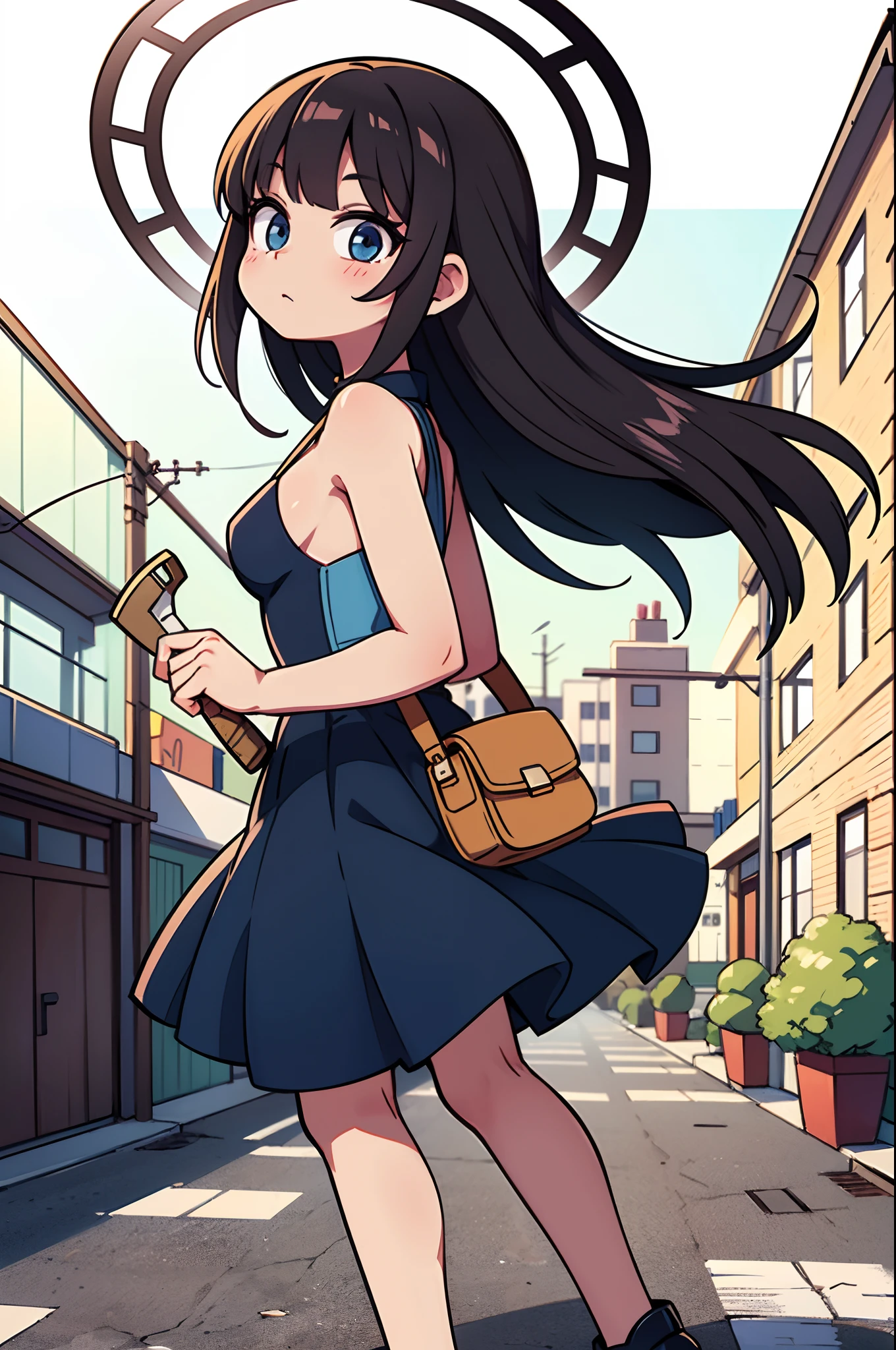 Woman with weapon coming out of body、kawaii、A magic circle appeared overhead and at your feet、Drawing an abandoned building against the background