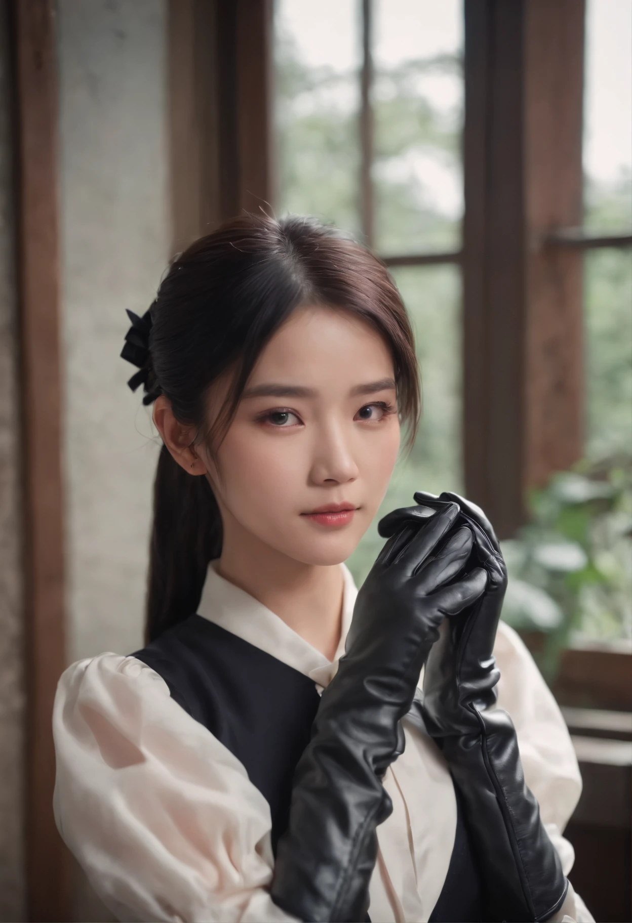 Black leather gloves　black suits　Black hair ponytail　japanaese girl　Ribbon Tie Blouse　top half