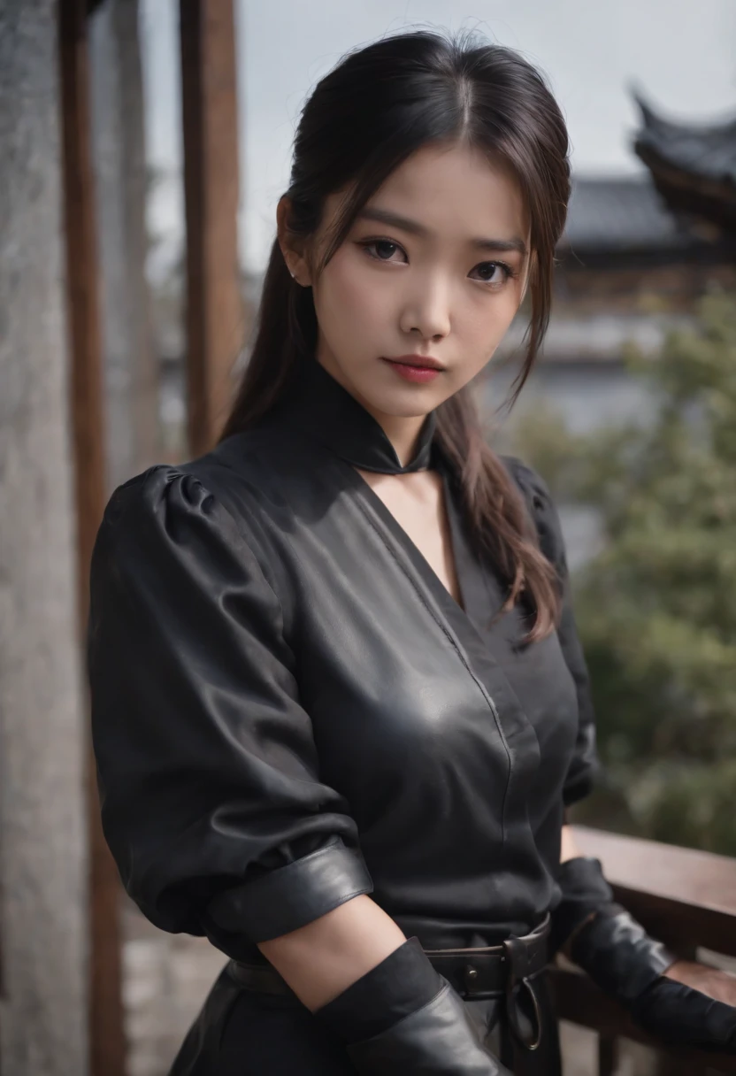 Black leather gloves black suits Black hair ponytail japanaese girl Ribbon Tie Blouse top half
