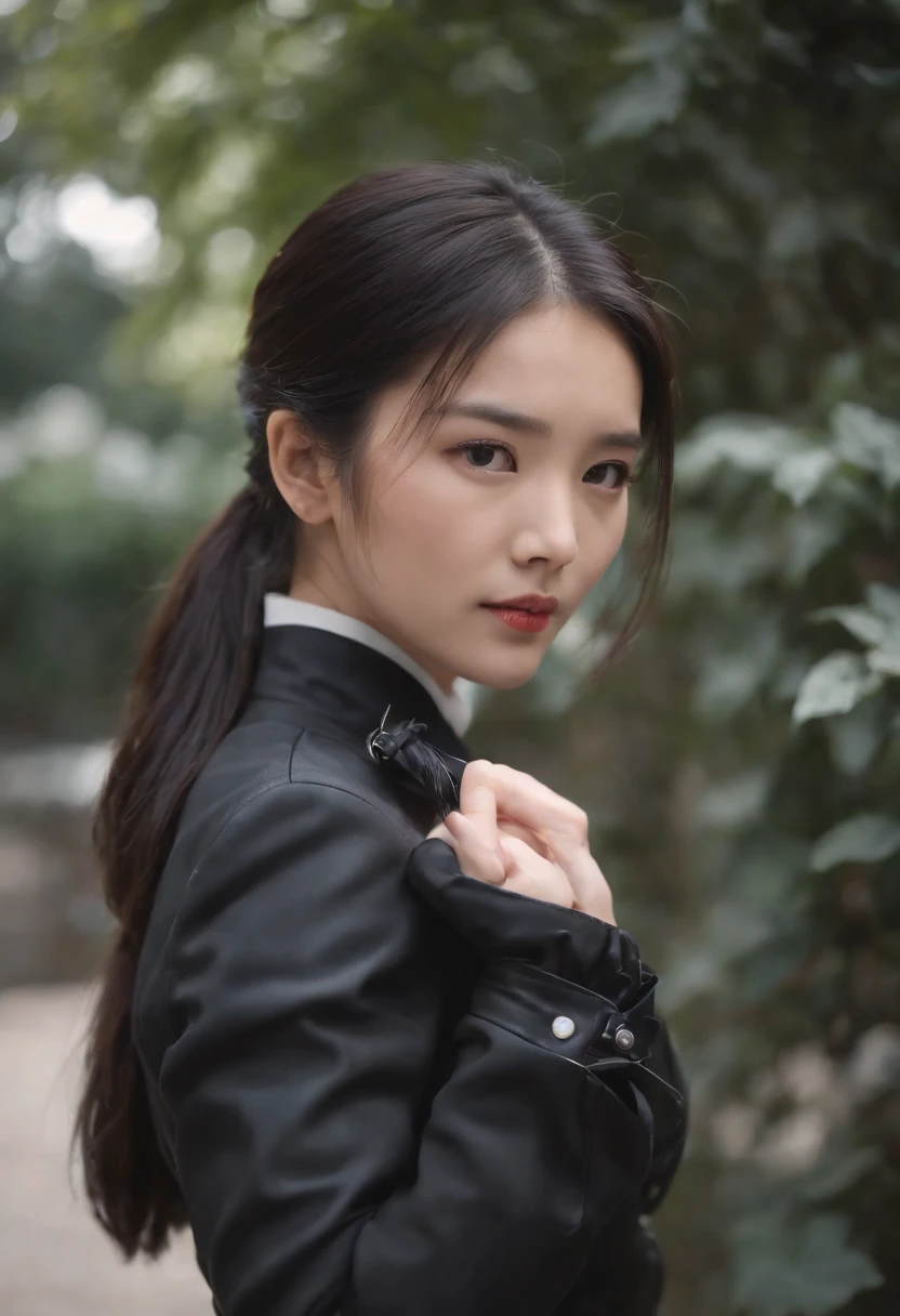 Black leather gloves black suits Black hair ponytail japanaese girl Ribbon Tie Blouse top half