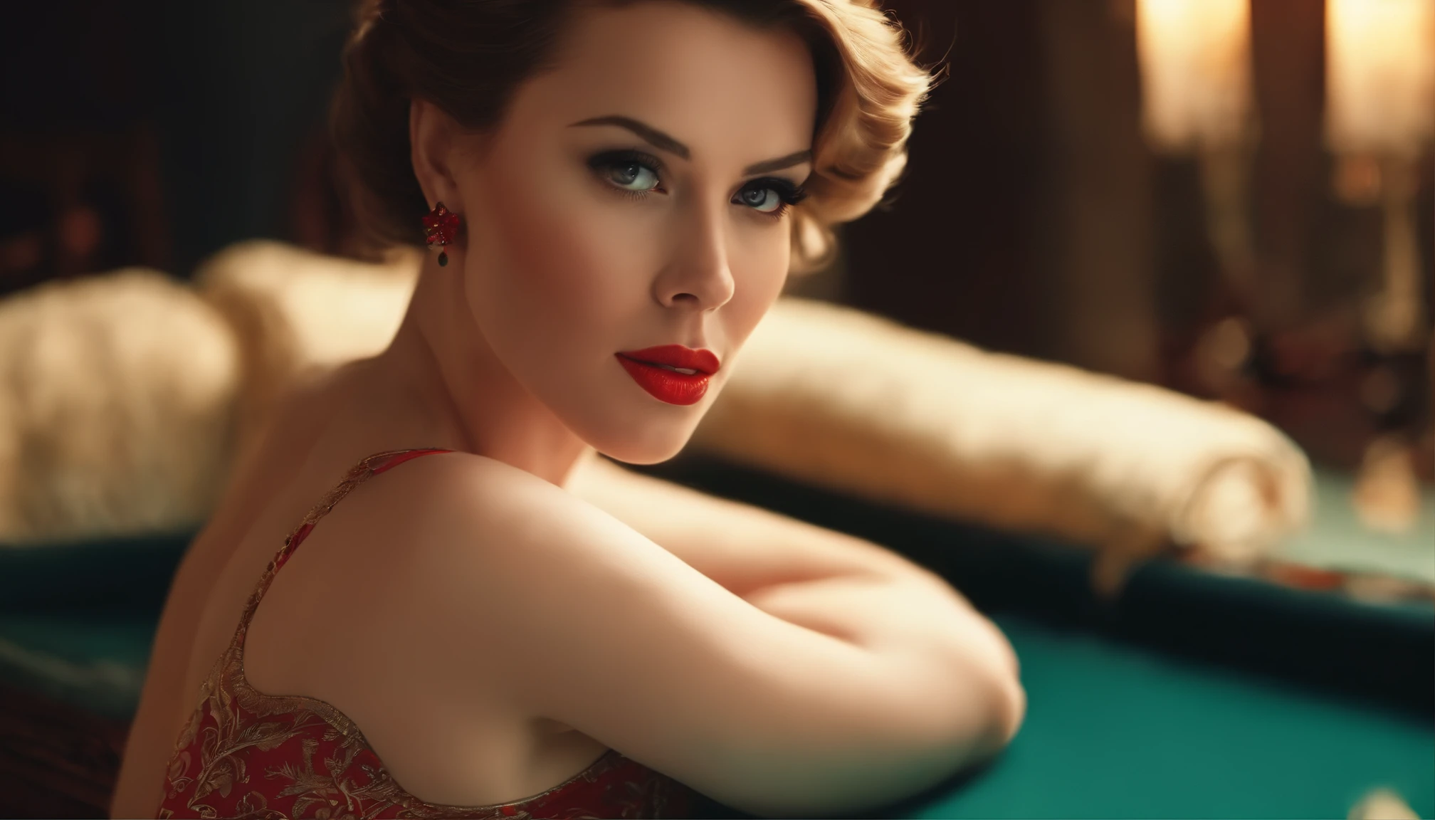 Beautiful photo of Scarlett Johansen, Seductive eyes of beautiful girl in sexy cheongsam, A stunning intricate full color photo of (sks woman:1), Epic character composition, author：Ilya Kuvshinov sty, Alessio Albi, Nina Masic, Sharp focus, Natural lighting, Subsurface scattering, F2, 35mm, filmgrain, Show off your stocking-clad legs on the bed,((Masterpiece)),Realistic,, Large breasts