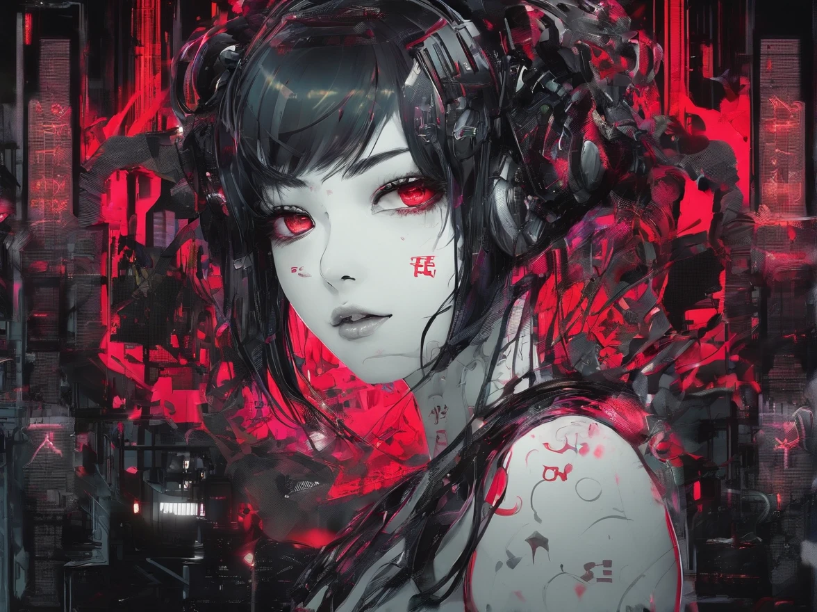 Cyberpunk futuristic psychopathic girl crazy smiling laughing with red effects in a gothic canary of terror, cena preta e branca, mulher rindo, mulher sorrindo, good good position, efeitos vermelhos, mulher sensual, mulher sexy, cena de terror, medo, Hand style, 4k