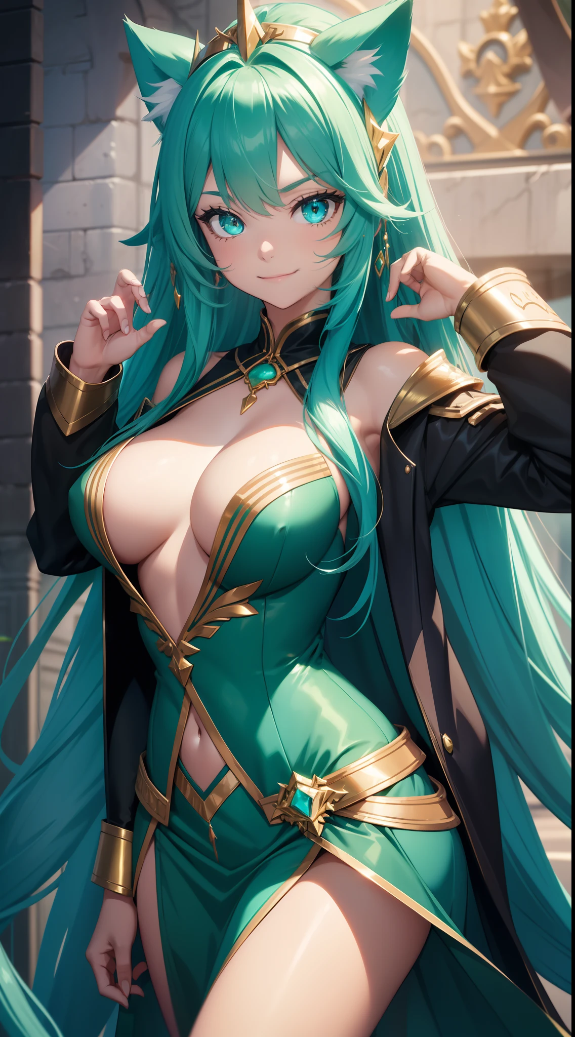 young girl, long turquoise hair, cat ears, turquoise eyes, Smile, black jacket, Green tight dress, diadem, Gold Elements, She-ra, open breasts, nipples, Masterpiece, hiquality, 4k, HD, Good detail