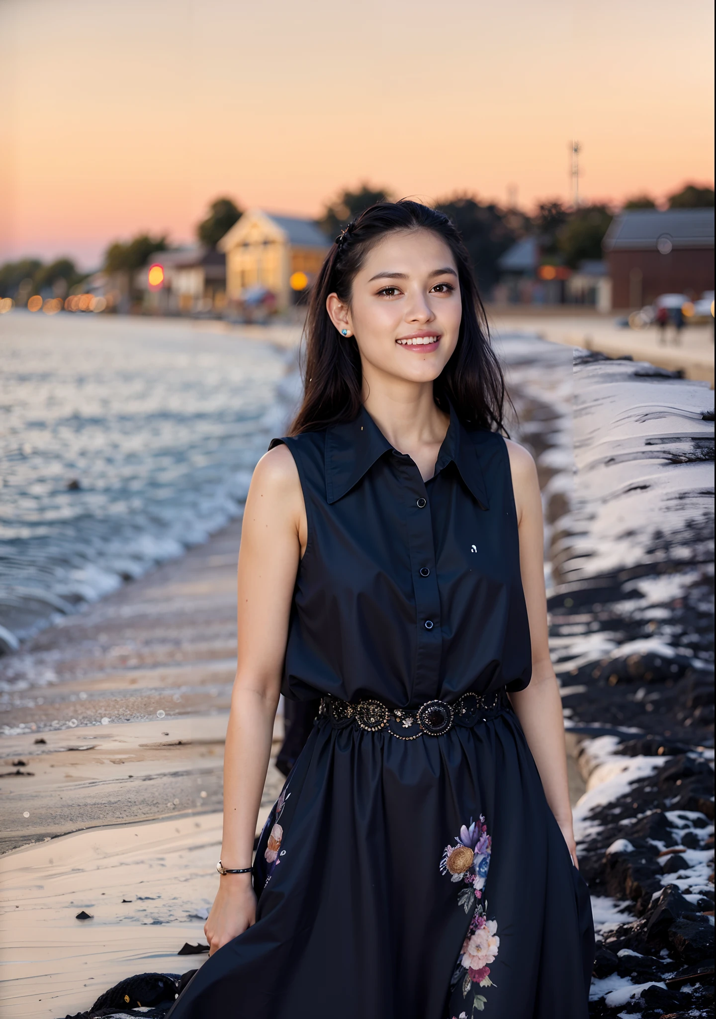 High quality image, masterpiece, detailed hair texture, detailed skin texture, detailed cloth texture, 8k, ultra detailed skin texture, skin pores, portrait of a woman, wearing a black dress, bokeh background