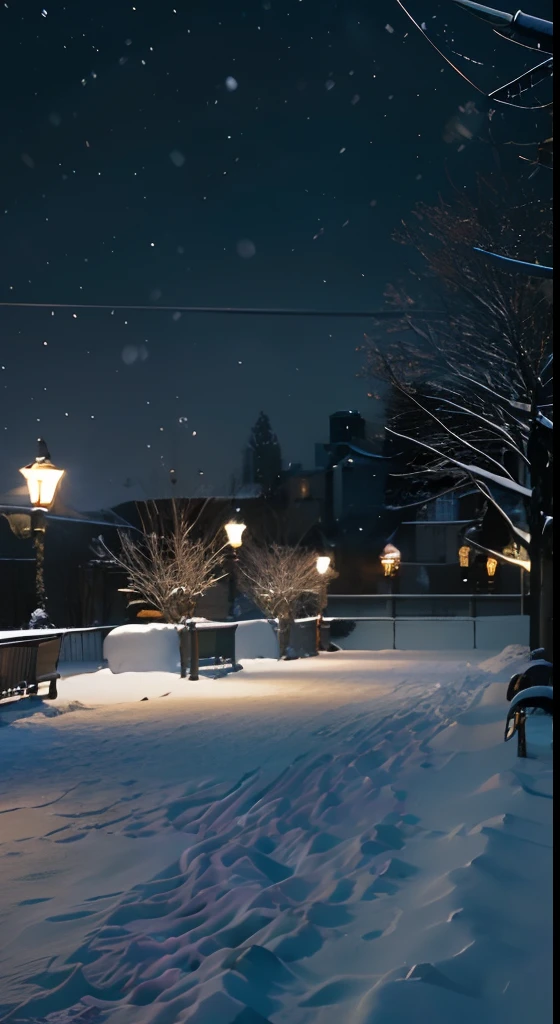 There is a snowy night view with benches and street lamps in the middle of the park, snowfall at night, moonlight snowing, snowy night, Light snowfall, Winter nights, snowy winter christmas night, nevando, Moonlight snow, perfect lighting in a snow storm, Winter snow, Snowy winter, snowfall, cold snowy, glowing snow, snowing outside, snowfall