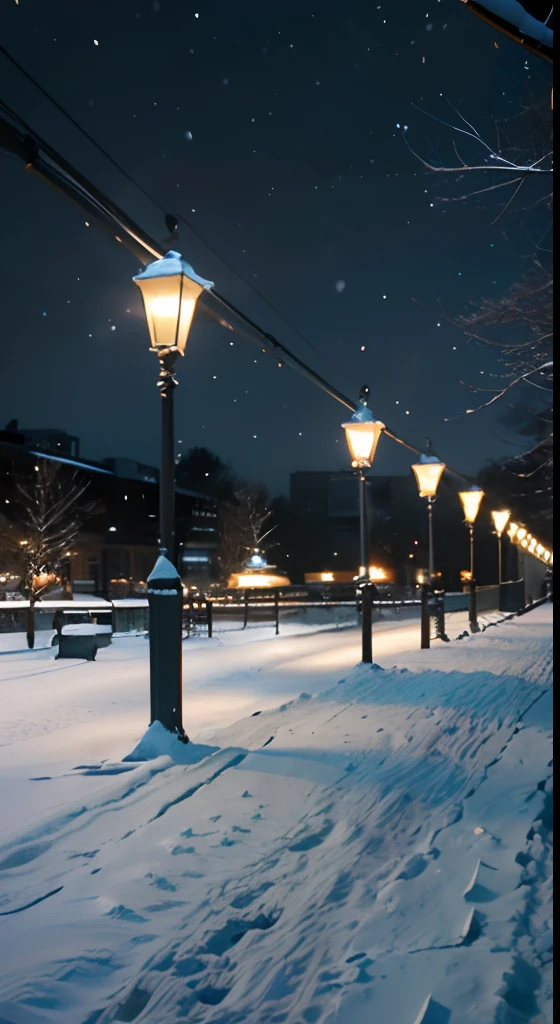 There is a snowy night view with benches and street lamps in the middle of the park, snowfall at night, moonlight snowing, snowy night, Light snowfall, Winter nights, snowy winter christmas night, nevando, Moonlight snow, perfect lighting in a snow storm, Winter snow, Snowy winter, snowfall, cold snowy, glowing snow, snowing outside, snowfall