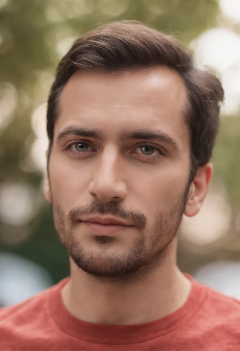 homem loiro, terno vermelho, olhos verdes