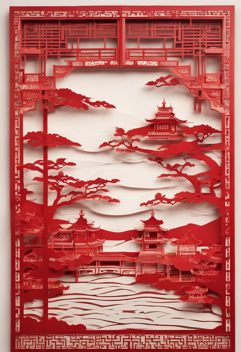 Masterpiece, Traditional Chinese house,beautiful render of a fairytale, In the style of paper art, painting of beautiful, beautiful as the moon, A very complex masterpiece, Red Beautiful intricate masterpiece, multi-layer, mysterious, Castle