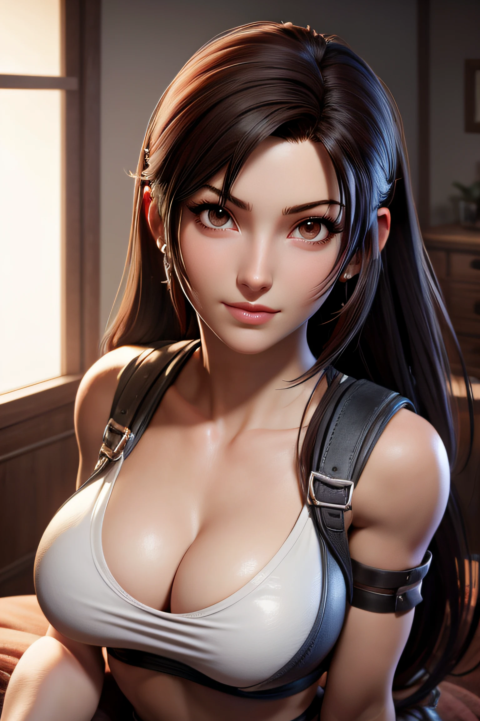 Close-up of a woman, tifa lockhart from final fantasy, on a room, medium breasts, 4K Quality, cleavage