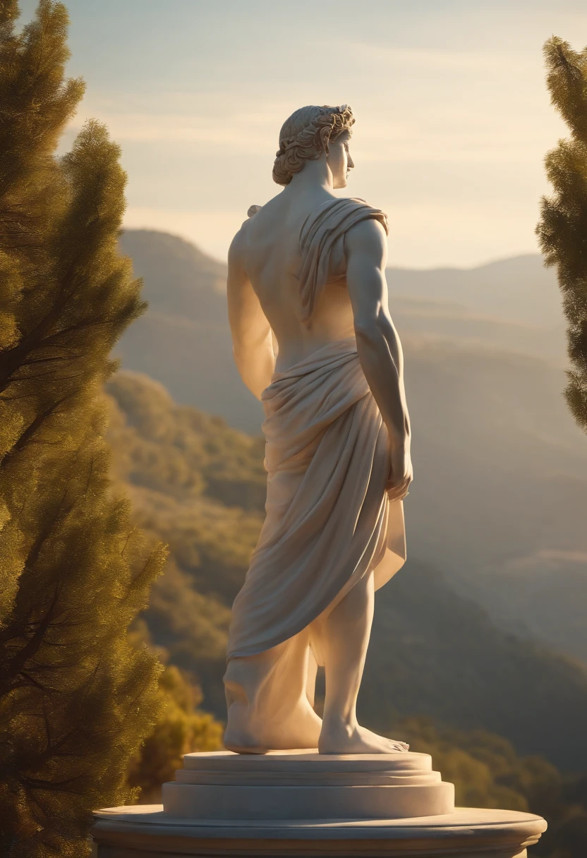 imagine a Greek statue on its back, standing, full body, with well-defined muscles, in period costumes, contemplating the horizon on a mountain on a sunny morning. ultra realistic 4k image