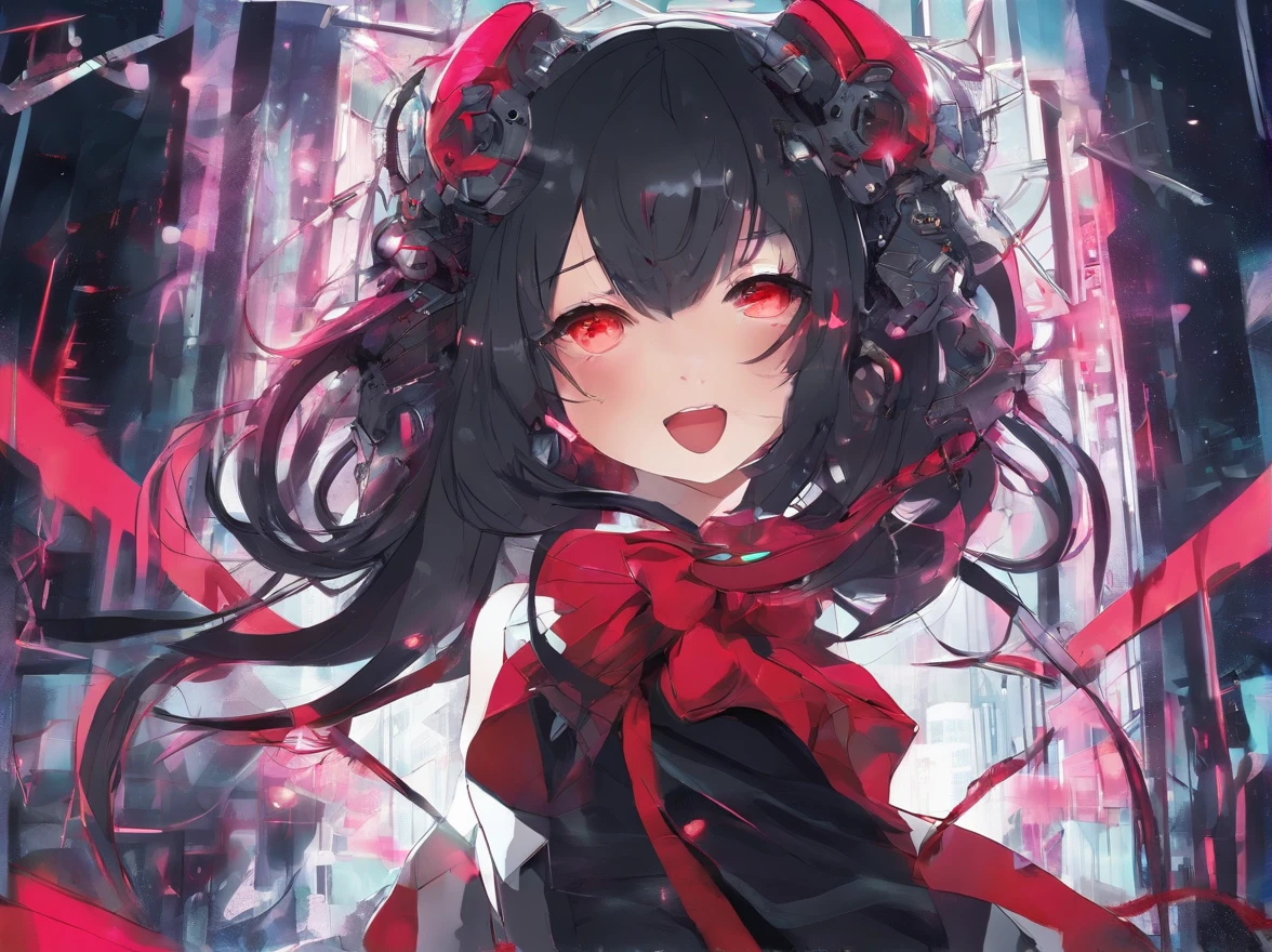 Cyberpunk futuristic psychopathic girl crazy smiling laughing with red effects in a gothic canary of terror, cena preta e branca, mulher rindo, mulher sorrindo, good good position, efeitos vermelhos, mulher sensual, mulher sexy, cena de terror, medo, Hand style, 4k