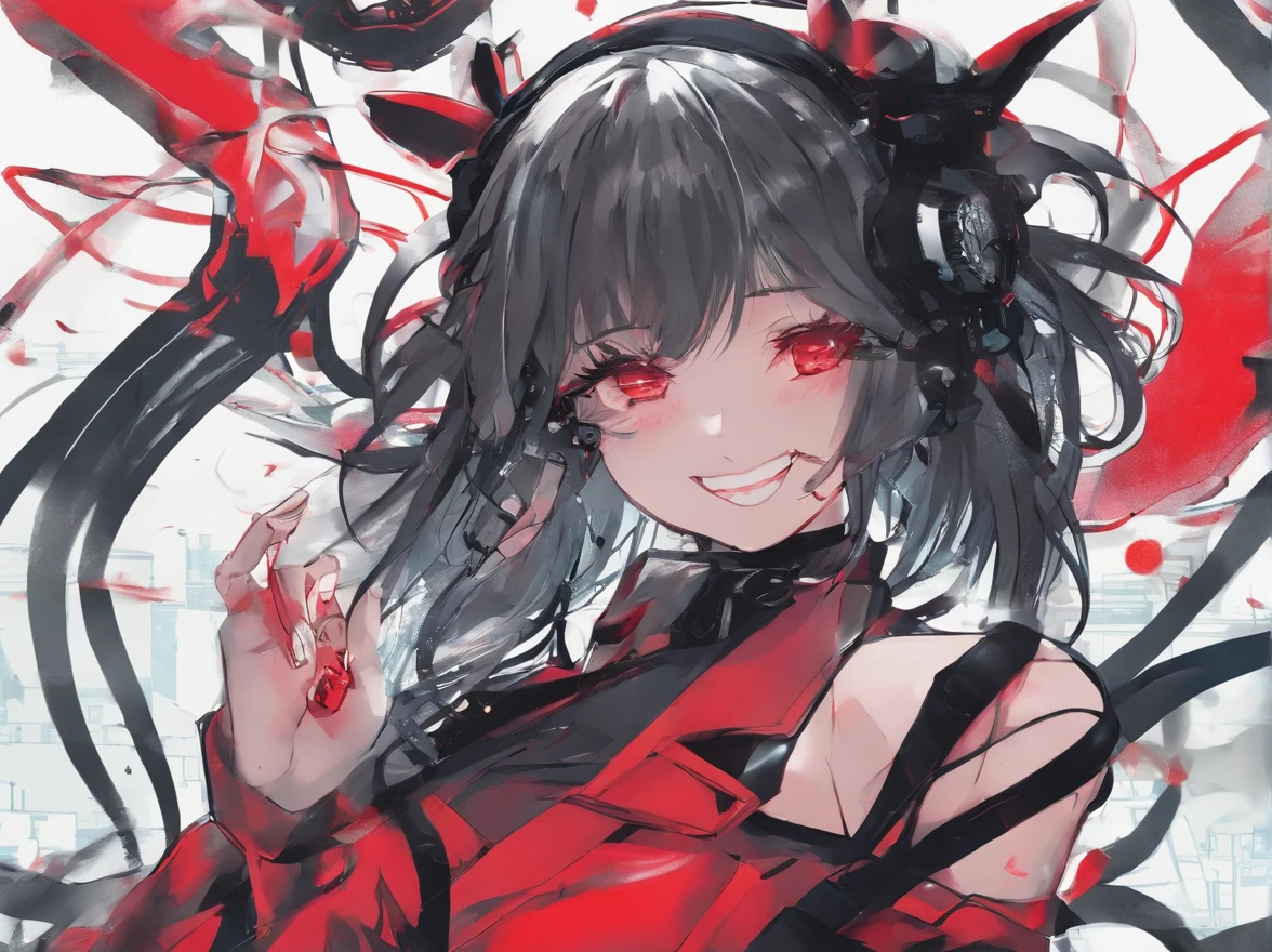 Cyberpunk futuristic psychopathic girl crazy smiling laughing with red effects in a gothic canary of terror, cena preta e branca, mulher rindo, mulher sorrindo, good good position, efeitos vermelhos, mulher sensual, mulher sexy, cena de terror, medo, Hand style, 4k