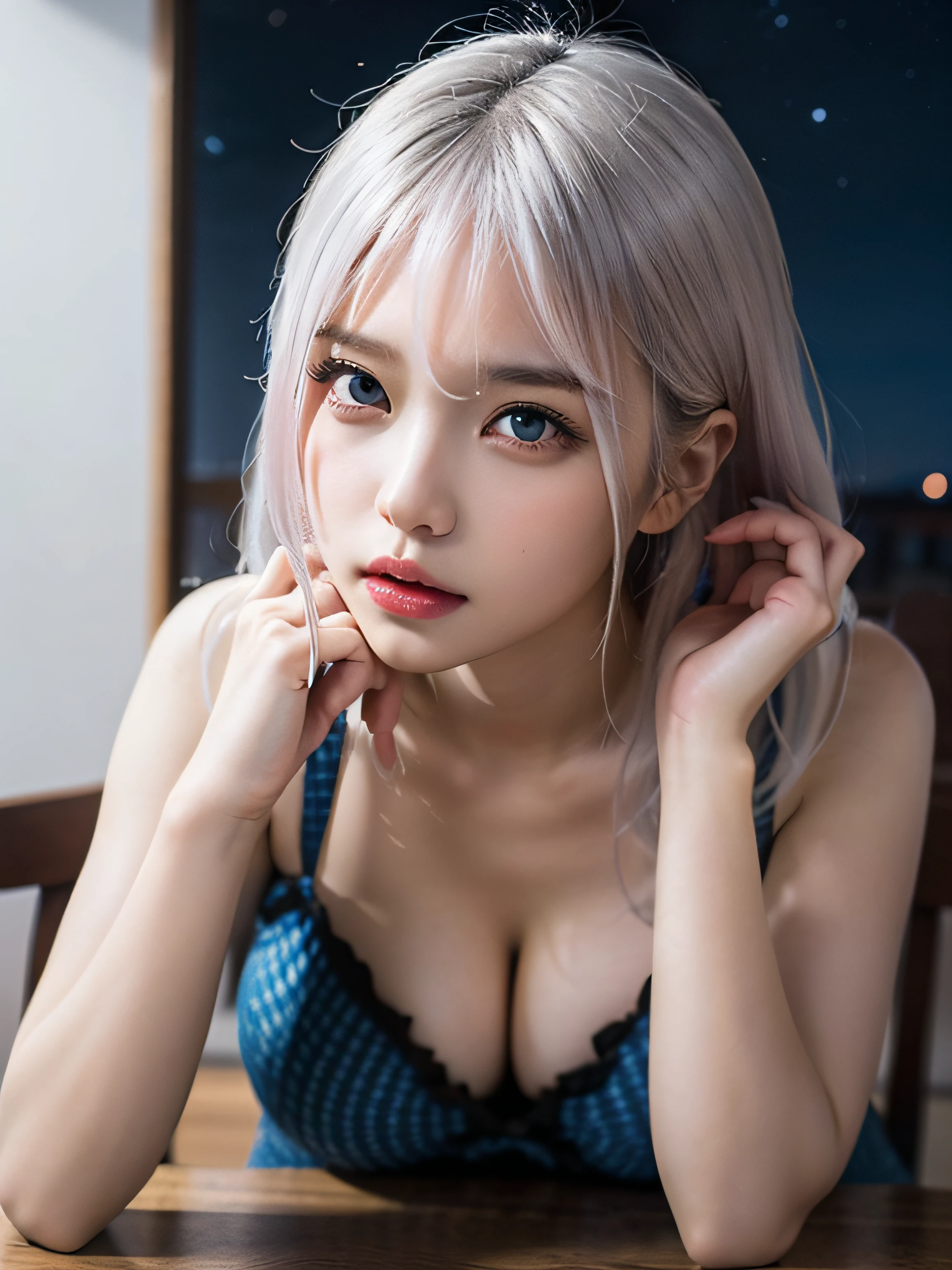 top-quality、8k picture、Be a girl with a pink complexion, Beautiful eyes (Red Eyes) And as deep as the night sky, Half sad face lying on the table, White hair, looking at you, With anime/Semi-realistic art style